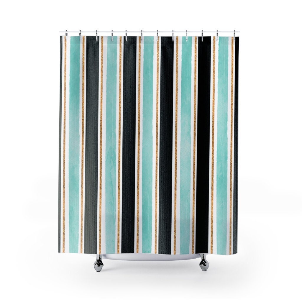 Vertical Stripes Shower Curtain with Black, Aqua and Gold Glitter Stripes Decor, Boho Bath Curtain, Bathed in Luxury