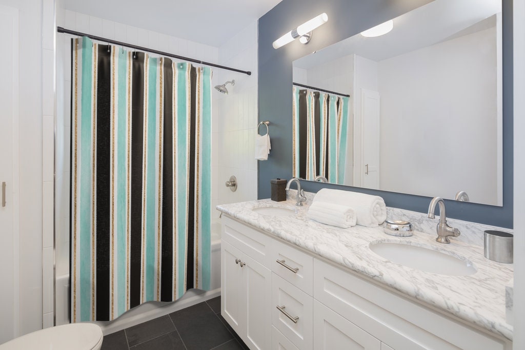 Vertical Stripes Shower Curtain with Black, Aqua and Gold Glitter Stripes Decor, Boho Bath Curtain, Bathed in Luxury - Image 2