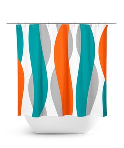 Vibrant Orange Abstract Ribbon Shower Curtain with Teal Touch and Abstract Waves, Perfect for Modern
