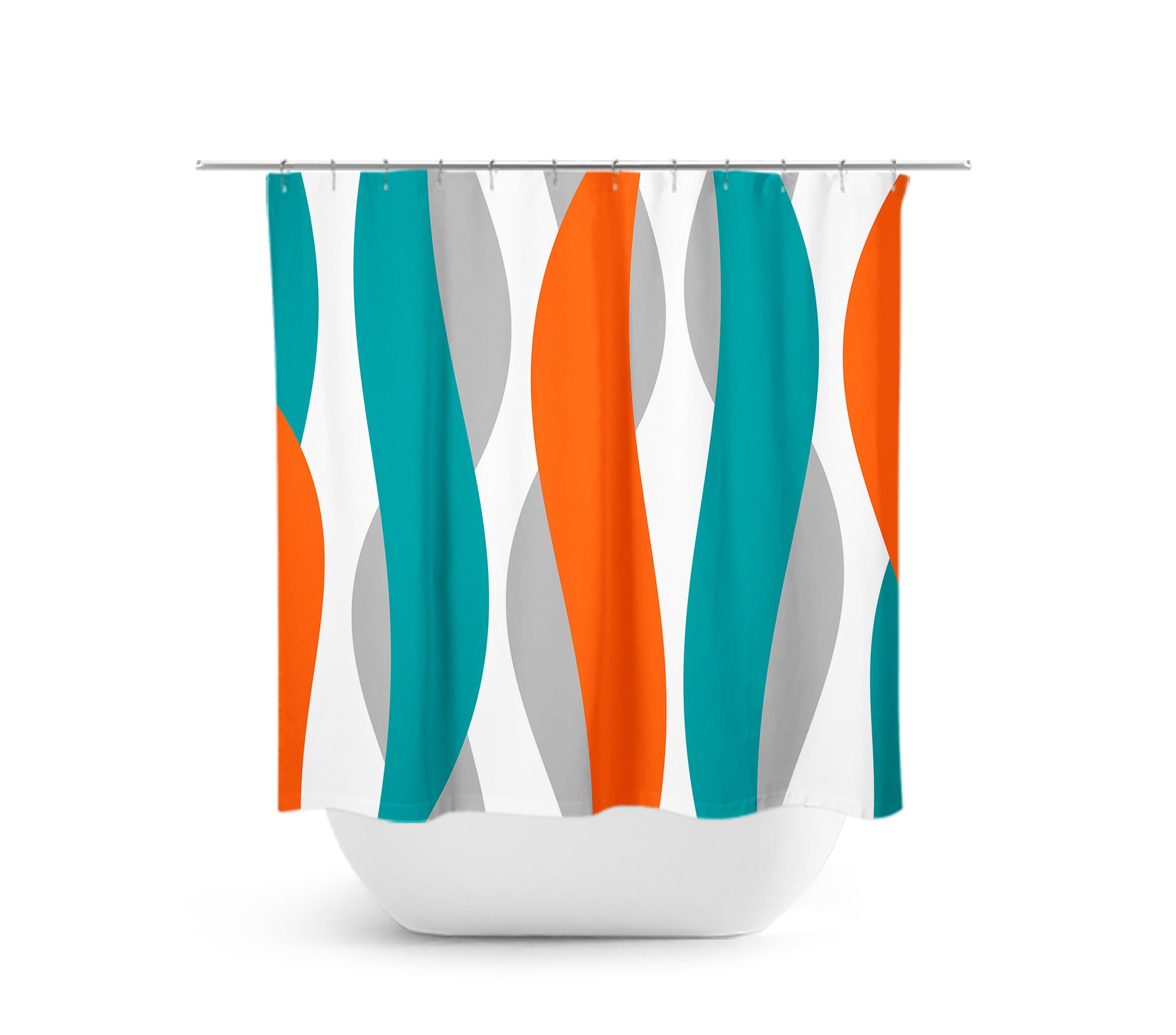 Vibrant Orange Abstract Ribbon Shower Curtain with Teal Touch and Abstract Waves, Perfect for Modern