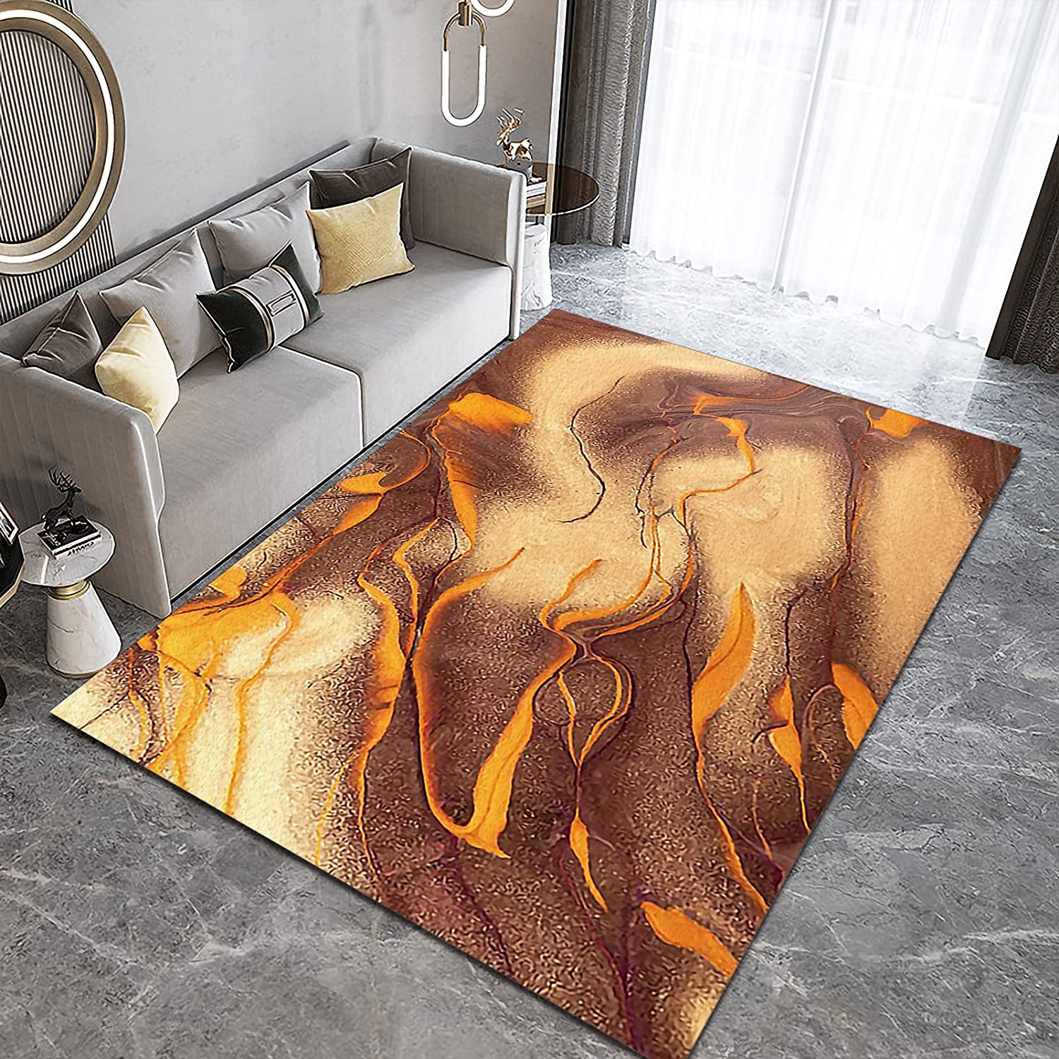 Vibrant Orange Brown Marble Texture Area Rug for Unique Living Room/Bedroom Decor in 70s Style