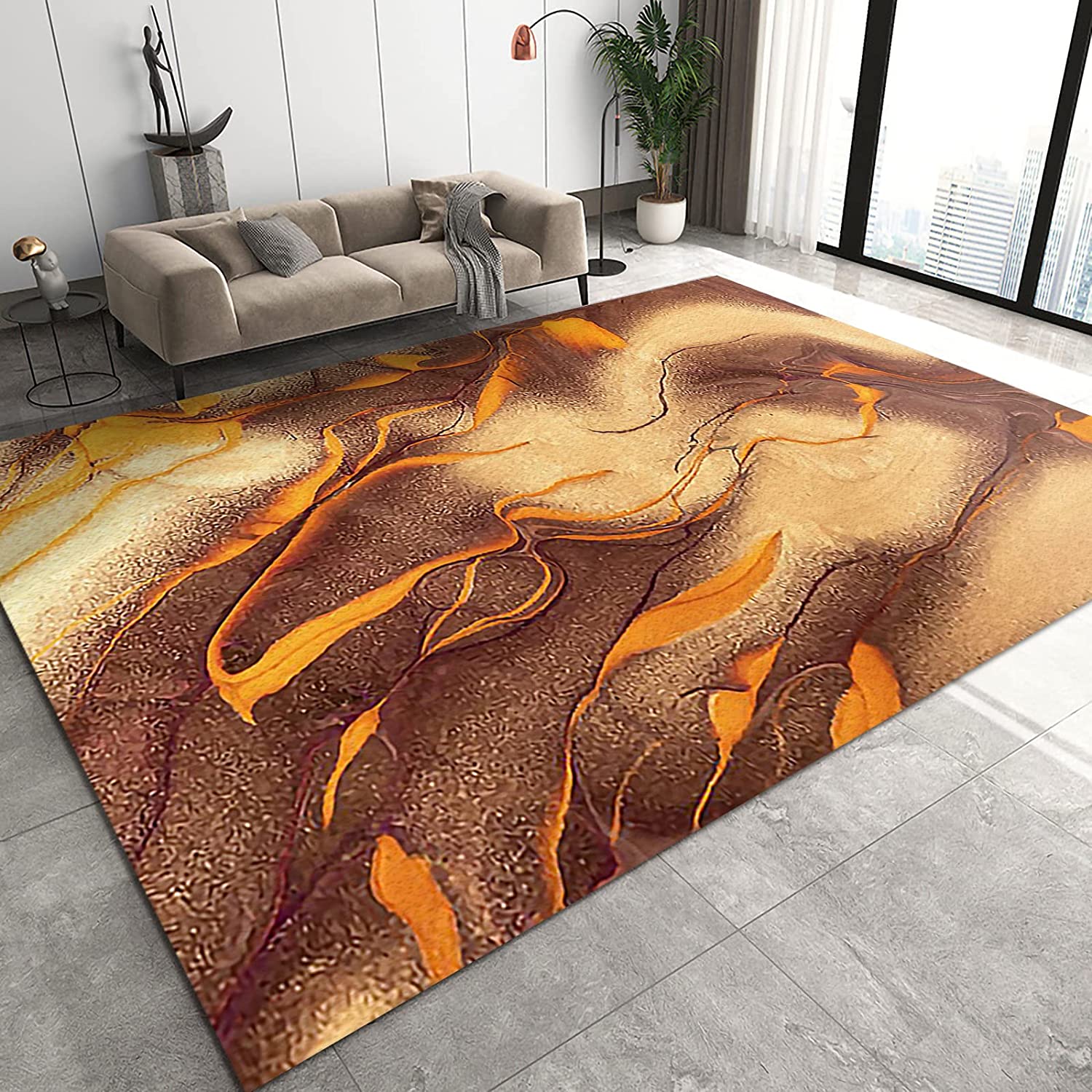 Vibrant Orange Brown Marble Texture Area Rug for Unique Living Room/Bedroom Decor in 70s Style - Image 2