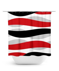 Vibrant Red Abstract Ribbon Shower Curtain with Black Waves, Perfect for Modern and Stylish Bathroom