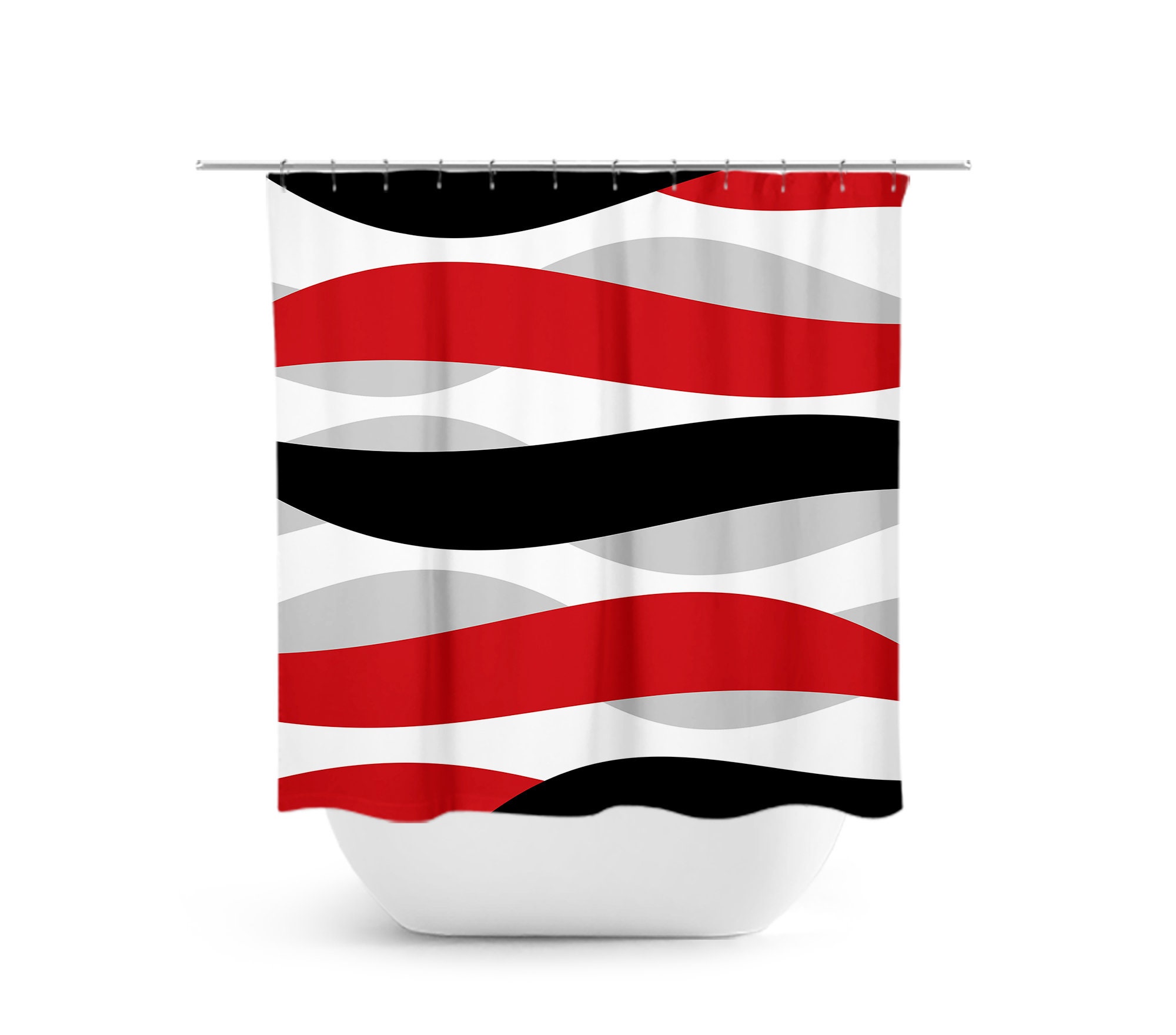 Vibrant Red Abstract Ribbon Shower Curtain with Black Waves, Perfect for Modern and Stylish Bathroom