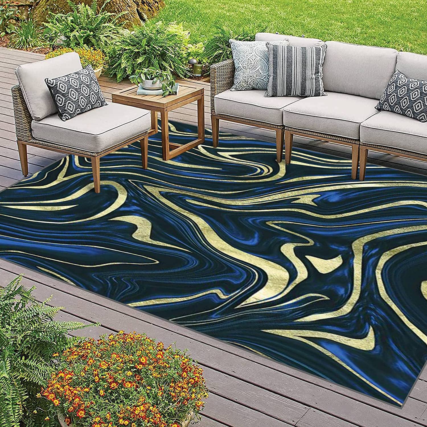 Vibrant Sapphire Blue Black Gold Marble Decor Art Rugs for Unique Indoor and Outdoor Style