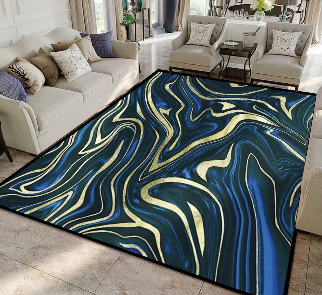 Vibrant Sapphire Blue Black Gold Marble Decor Art Rugs for Unique Indoor and Outdoor Style - Image 2