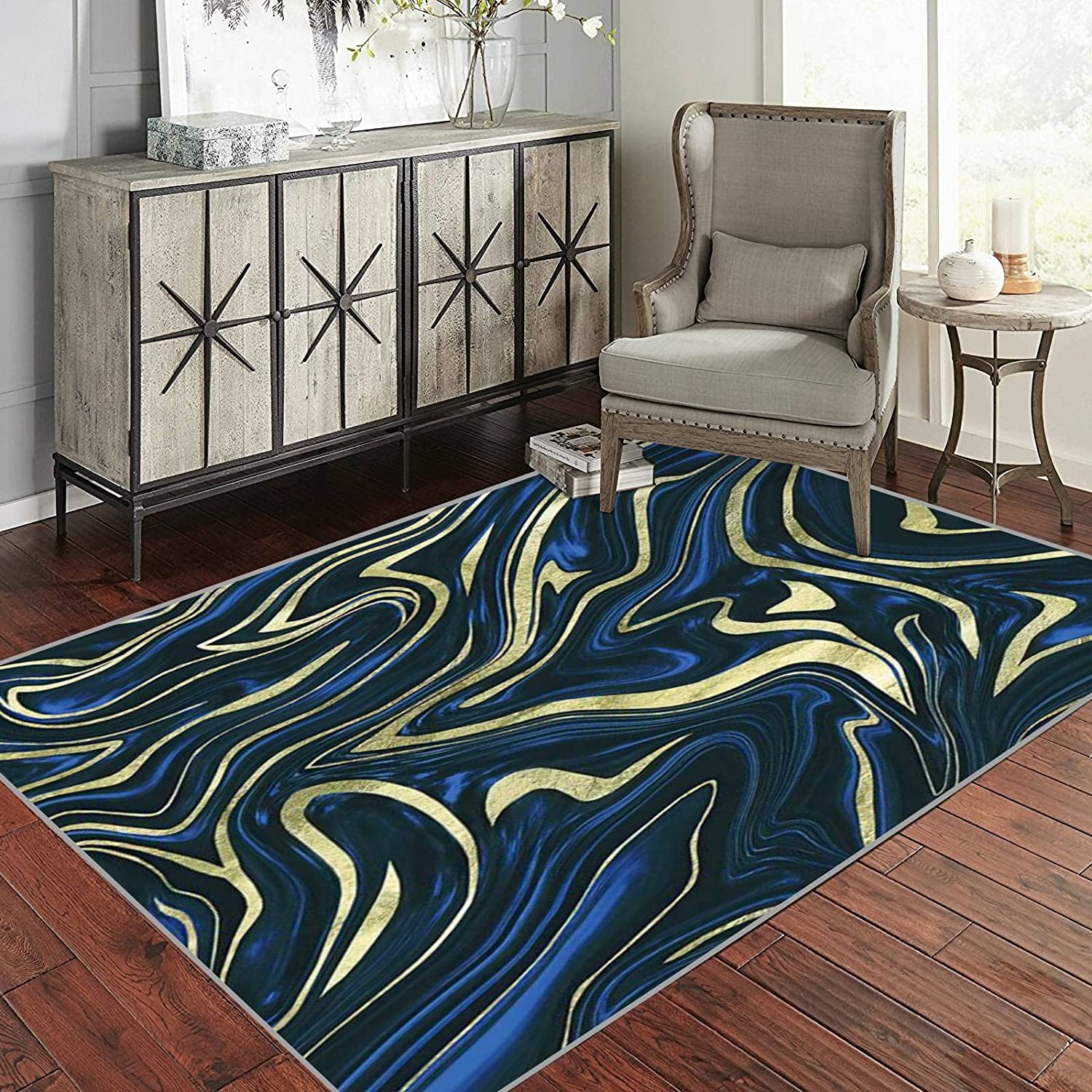 Vibrant Sapphire Blue Black Gold Marble Decor Art Rugs for Unique Indoor and Outdoor Style - Image 3