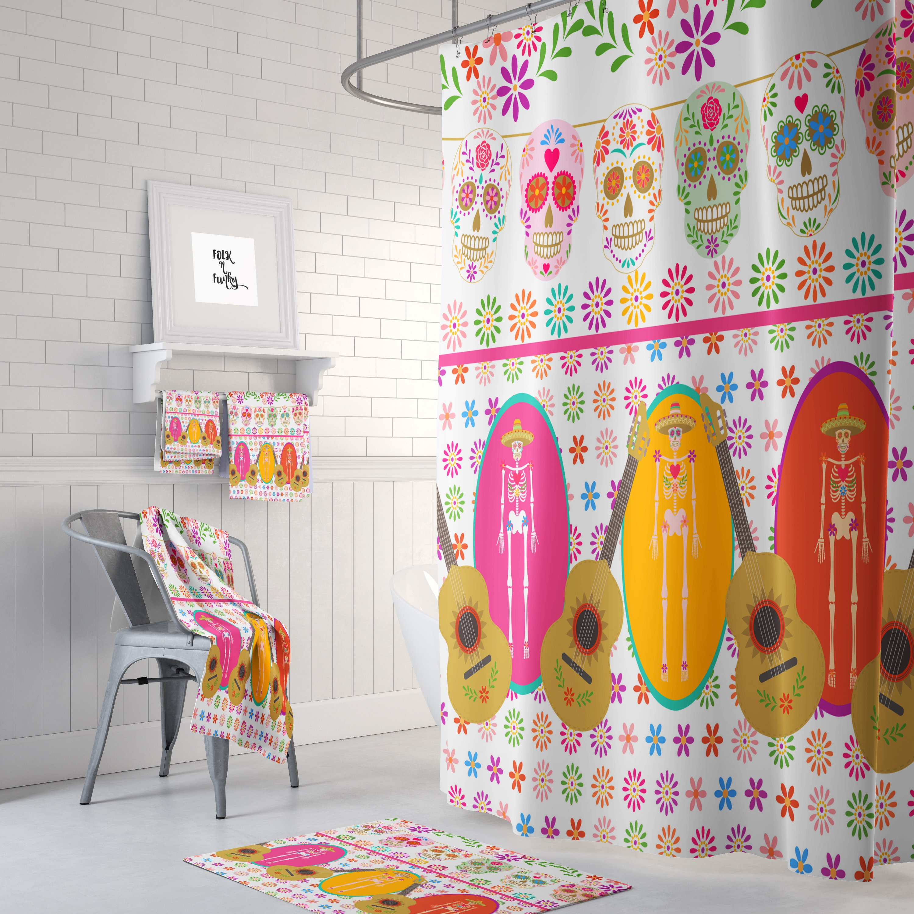Vibrant Sugar Skull Shower Curtain Set with Gothic Bathroom Decor
