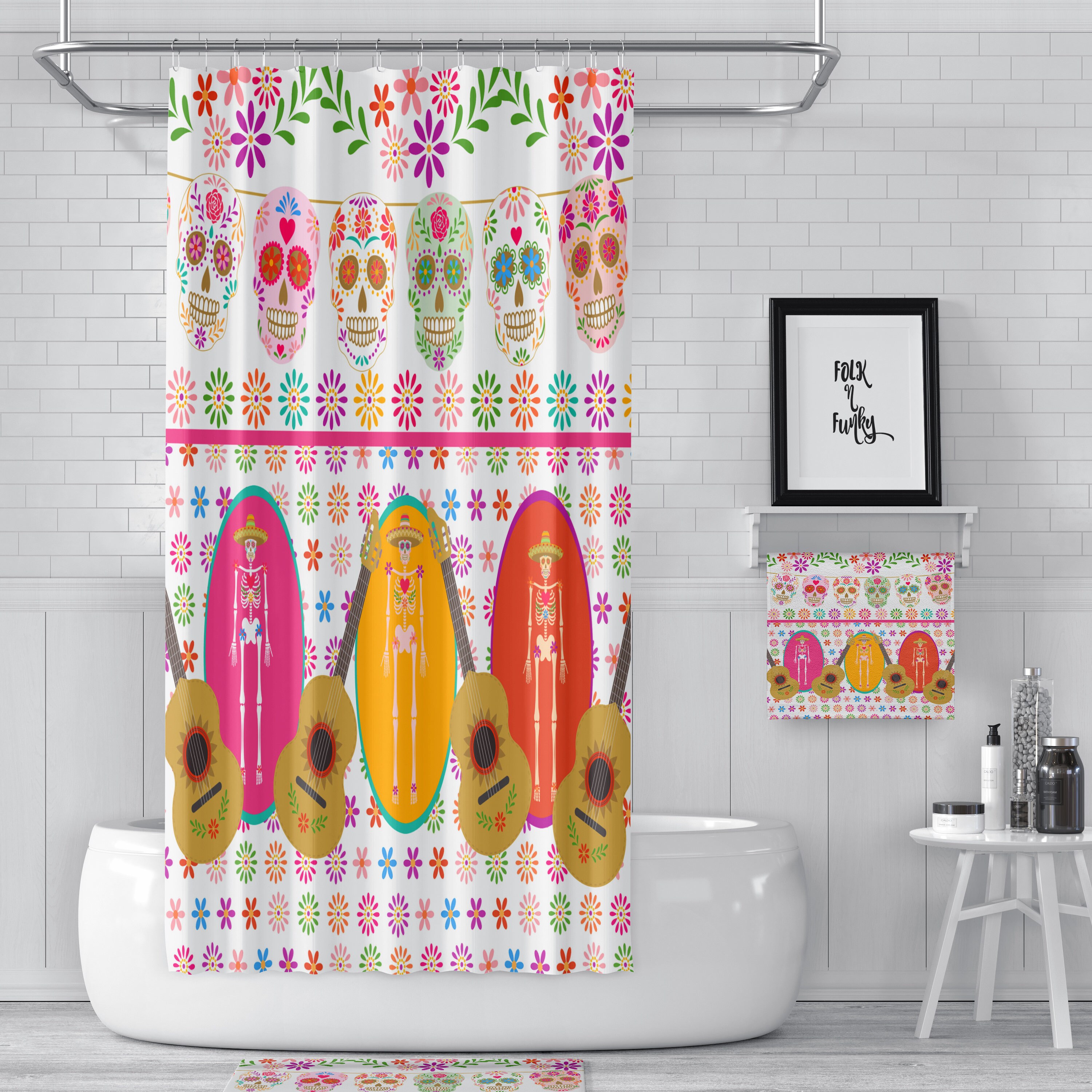 Vibrant Sugar Skull Shower Curtain Set with Gothic Bathroom Decor - Image 2