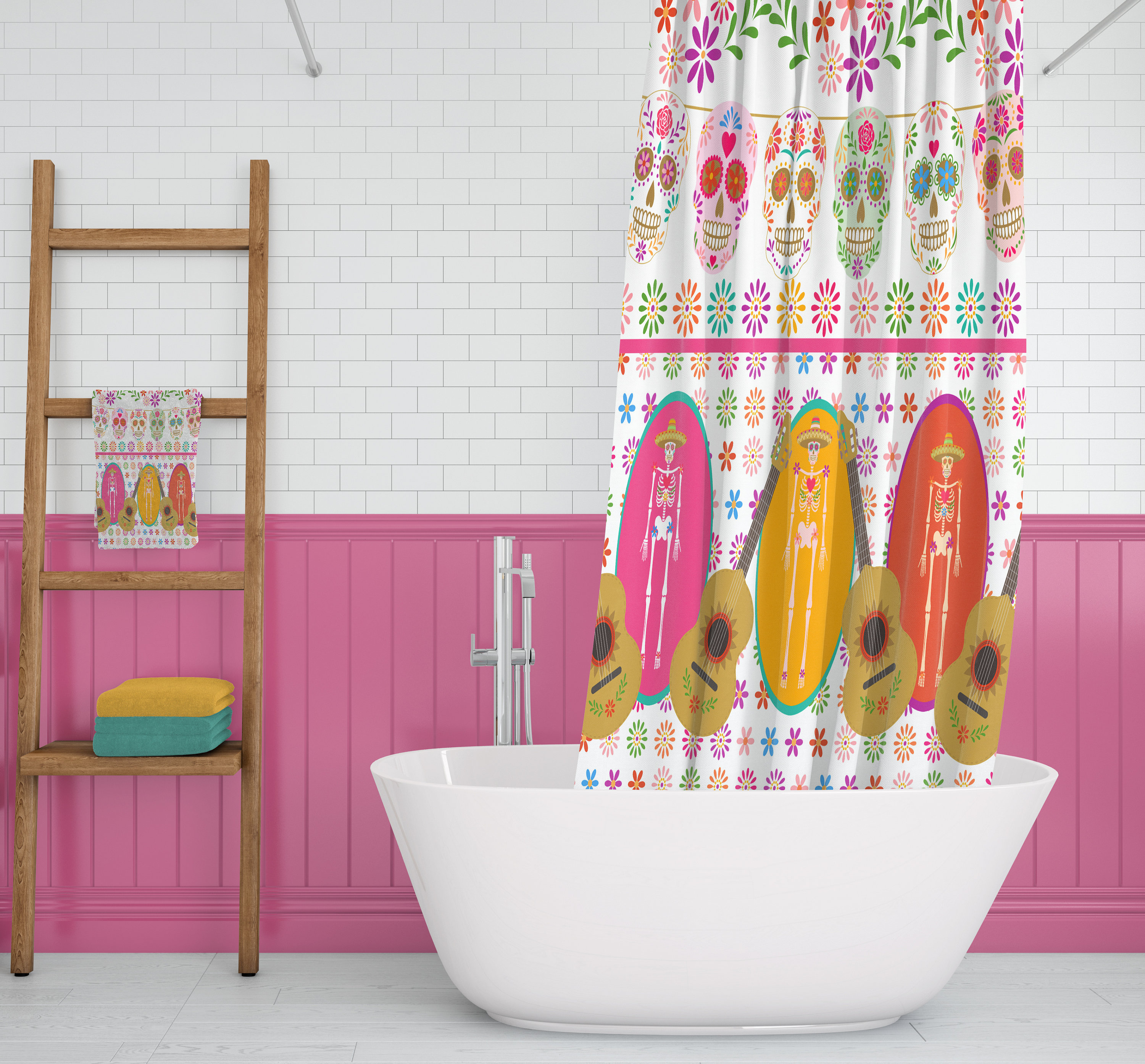 Vibrant Sugar Skull Shower Curtain Set with Gothic Bathroom Decor - Image 3