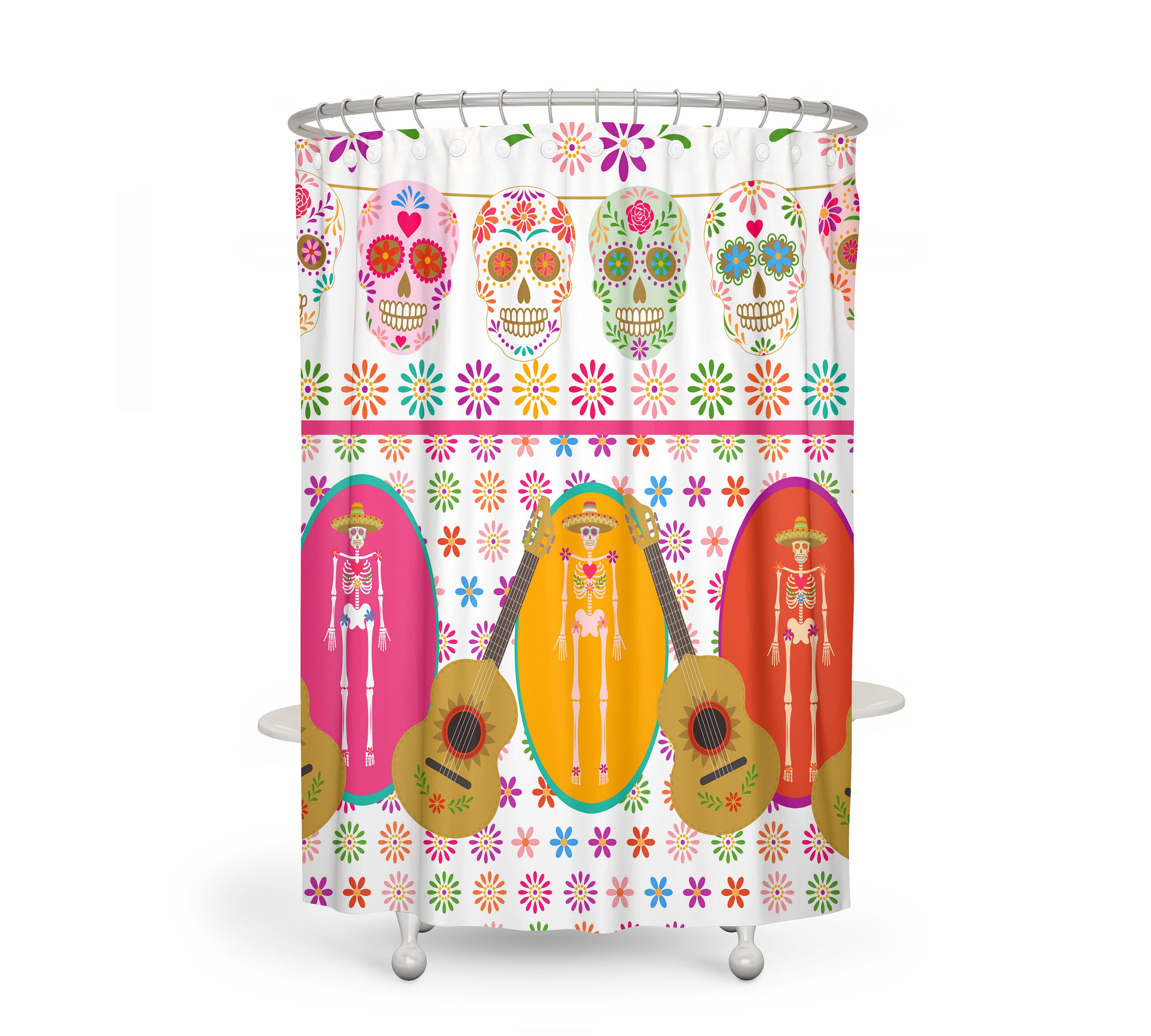 Vibrant Sugar Skull Shower Curtain Set with Gothic Bathroom Decor - Image 4