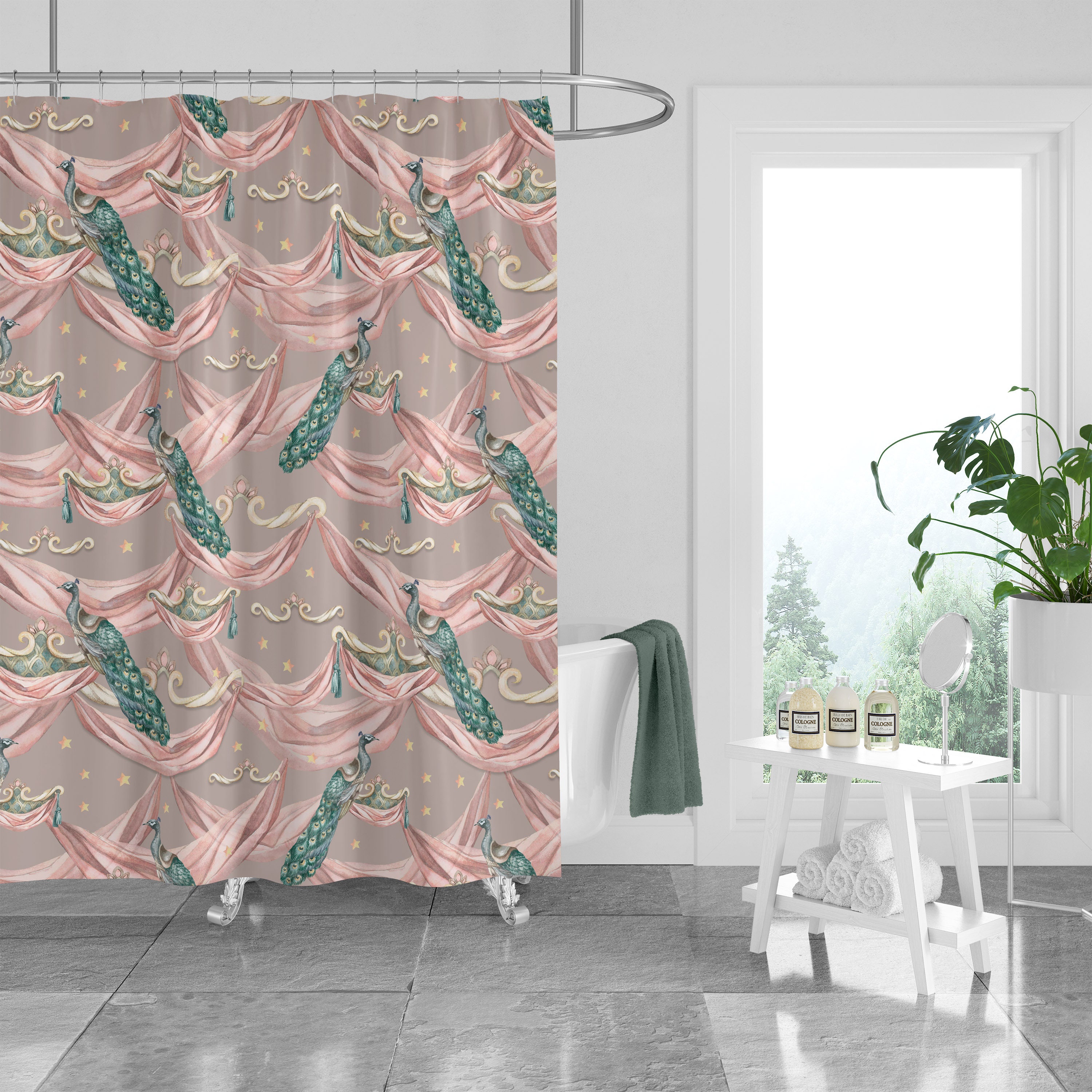 Victorian Peacock Shower Curtain and Optional Bath Towels and Mat