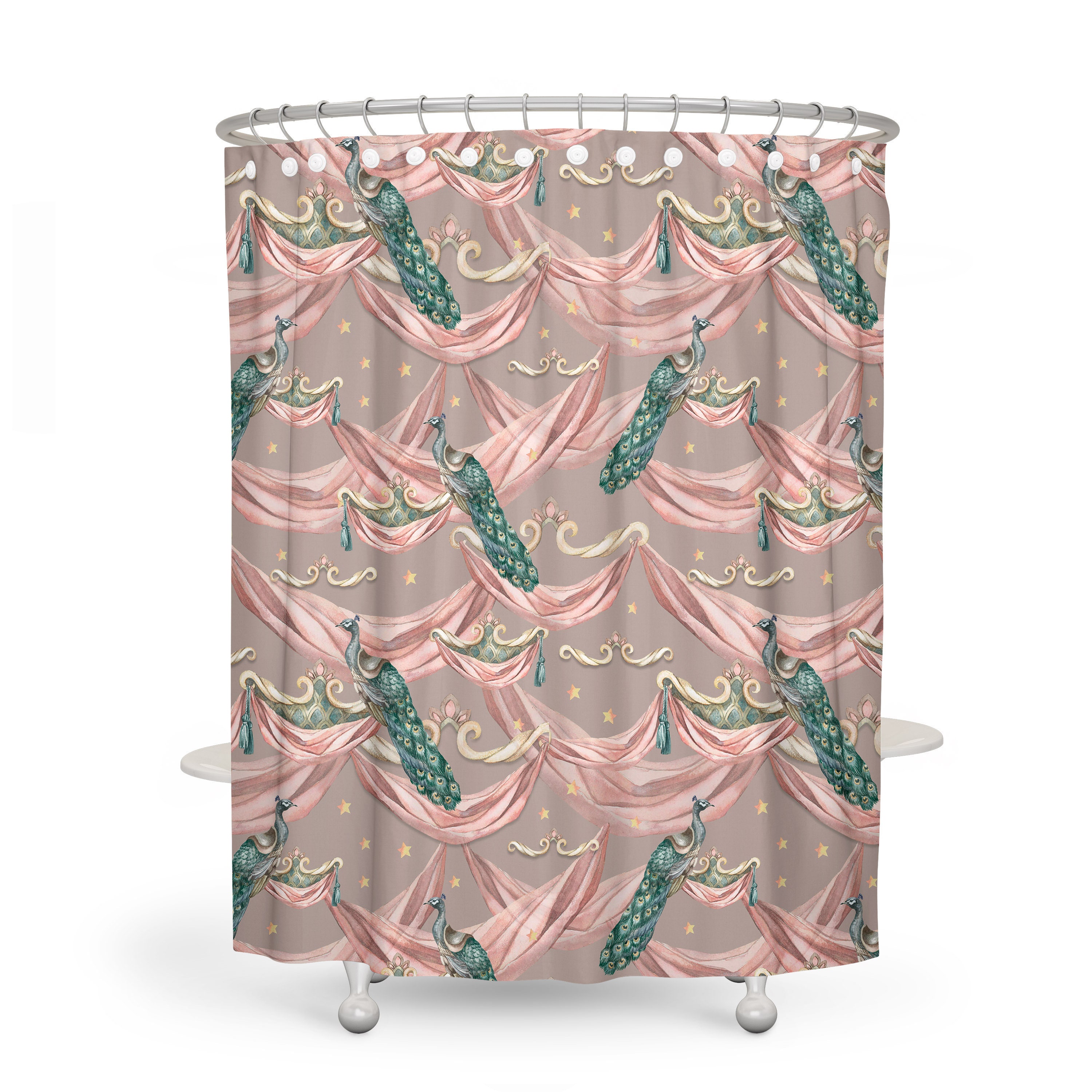 Victorian Peacock Shower Curtain and Optional Bath Towels and Mat - Image 2