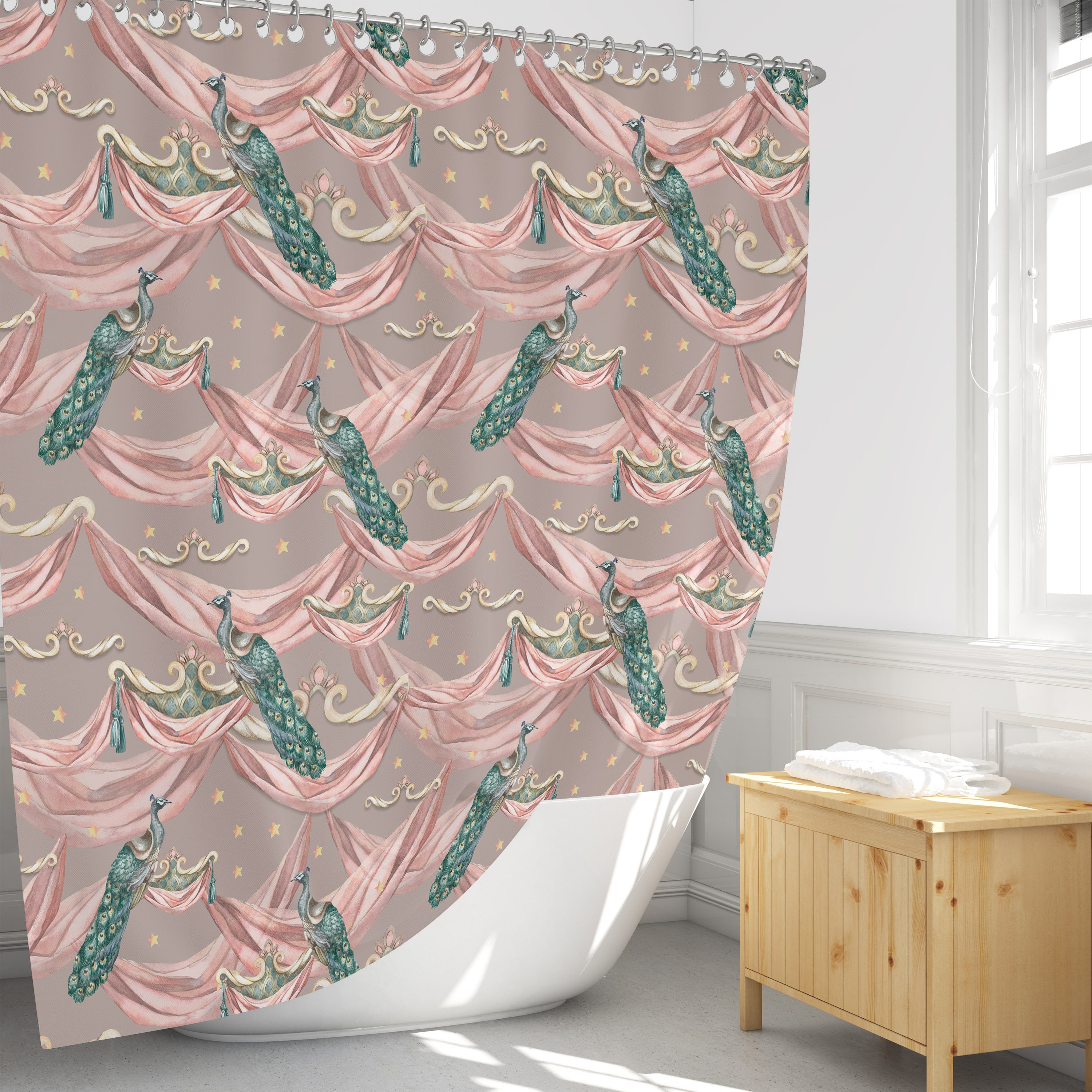 Victorian Peacock Shower Curtain and Optional Bath Towels and Mat - Image 3