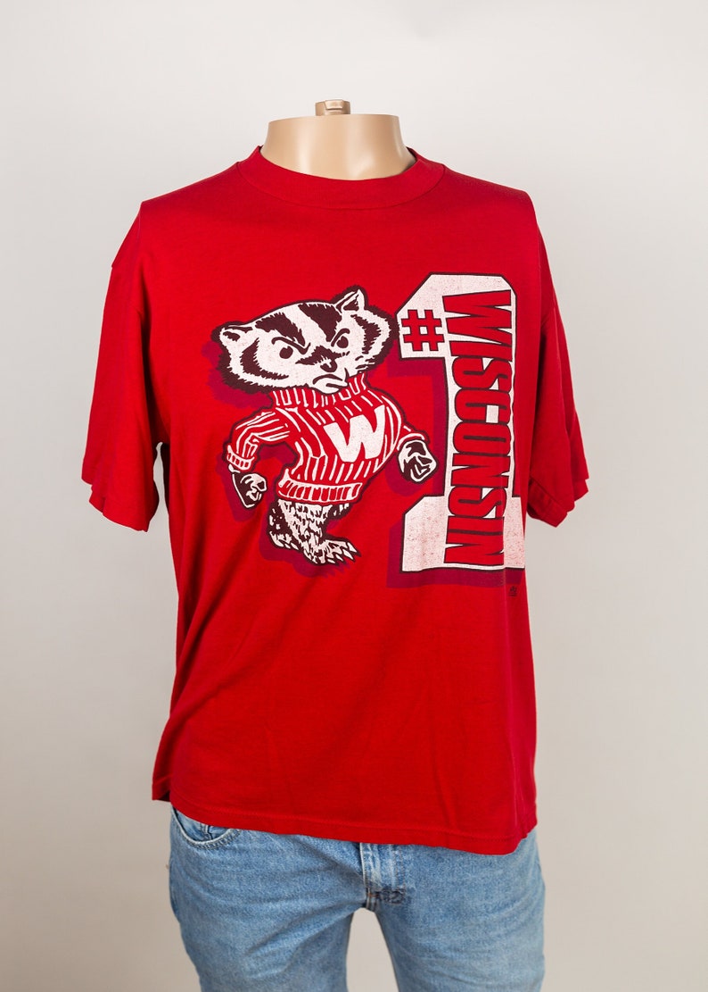 Vintage 1987 University of Wisconsin Badgers Bucky Badger Number One Single Stitch Shirt - College American Shirt