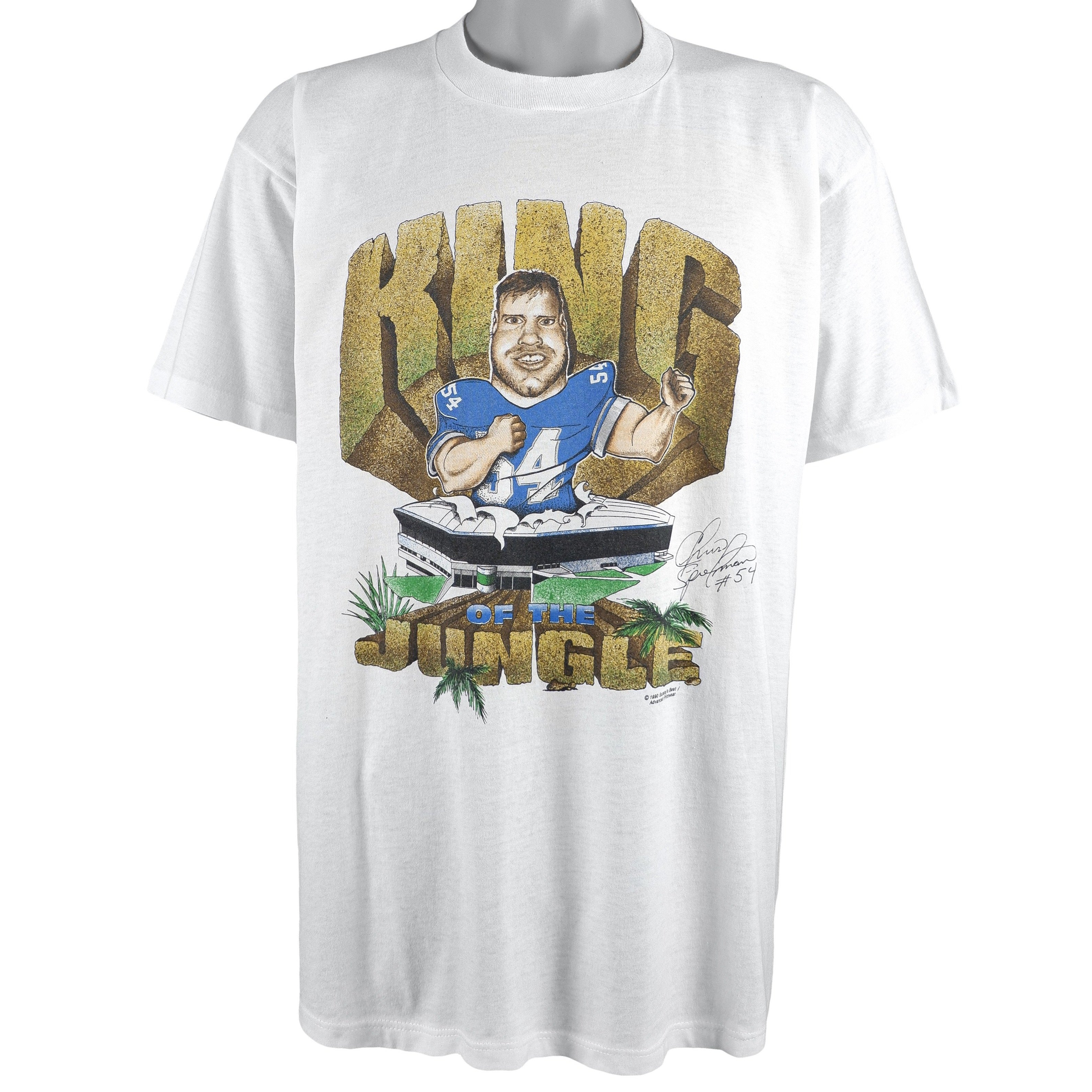 Vintage 1990 Chris Spielman #54 Nfl King Of The Jungle Spell-Out T-Shirt And Hoodie Sweatshirt Full Size Gifts For Fans