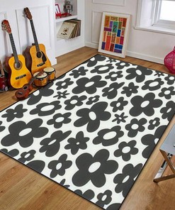 Vintage 70s Style Hip Flower Black White Floral Seamless Outdoor Patio Area Rug with 70s Retro Area Rug