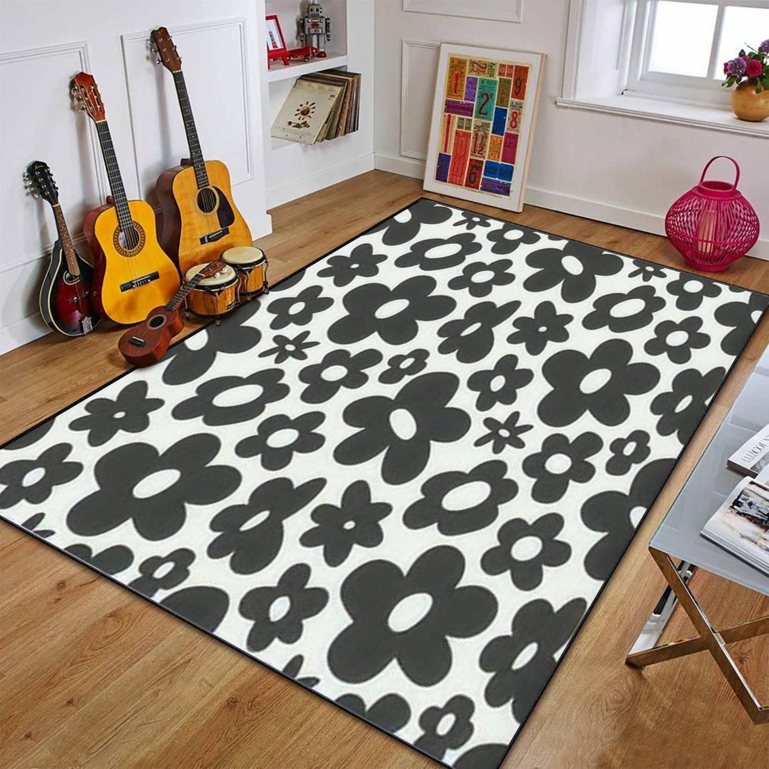 Vintage 70s Style Hip Flower Black White Floral Seamless Outdoor Patio Area Rug with 70s Retro Area Rug