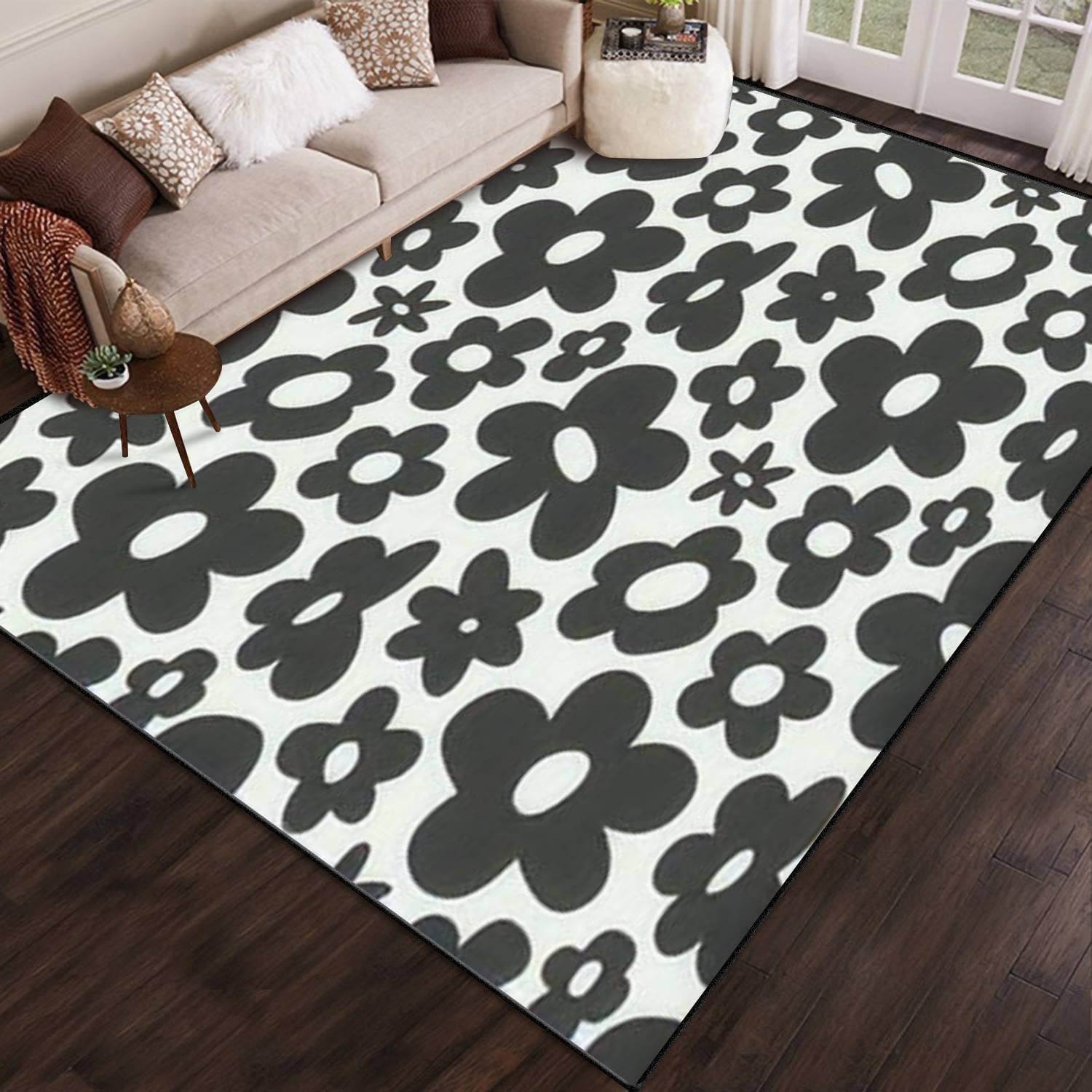 Vintage 70s Style Hip Flower Black White Floral Seamless Outdoor Patio Area Rug with 70s Retro Area Rug - Image 2