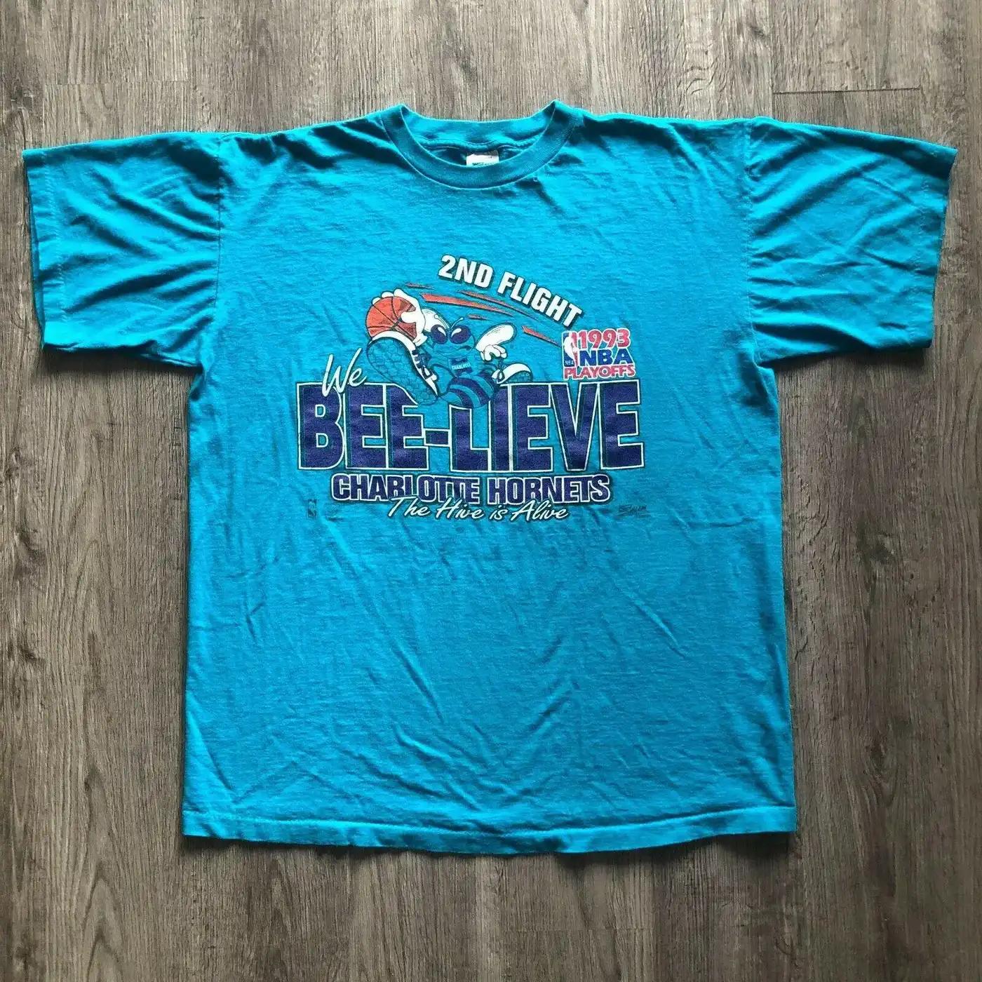 Vintage '93 Bna Playoffs Charlotte Hornets We Bee-Lieve Teal T T-Shirt Sweatshirt Pullover Hoodie Reprinted