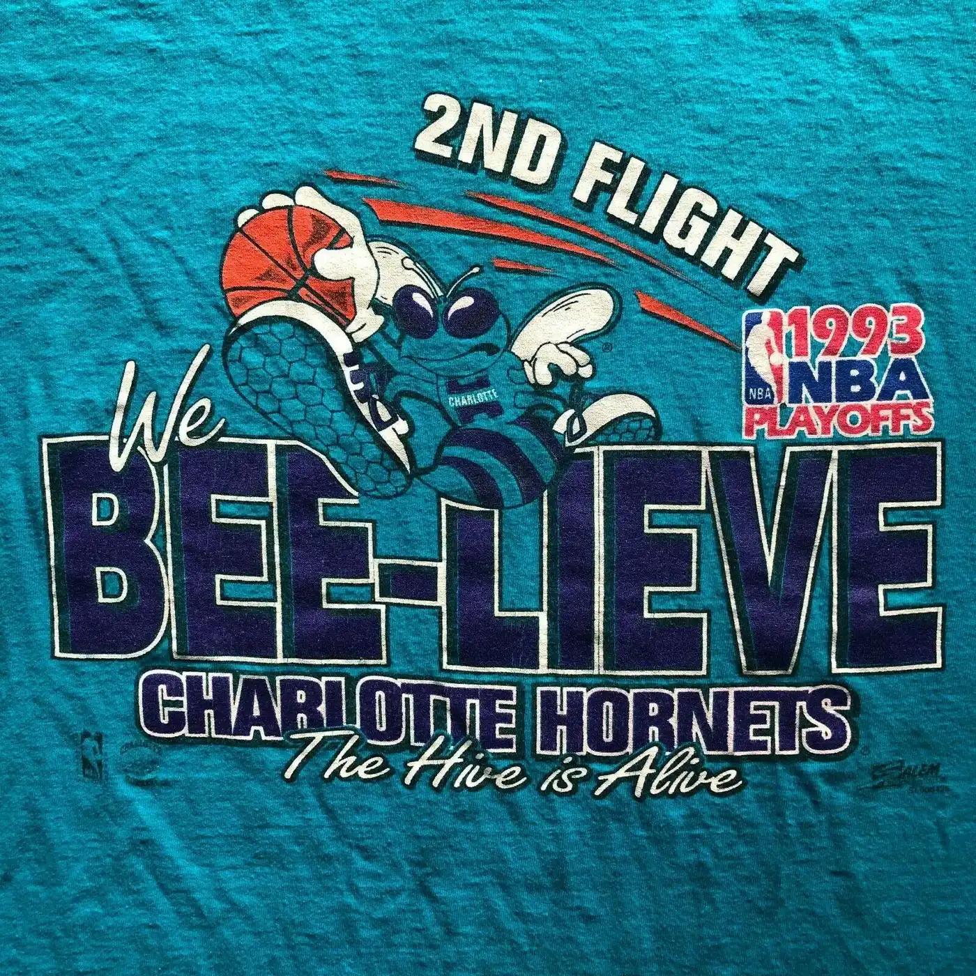 Vintage '93 Bna Playoffs Charlotte Hornets We Bee-Lieve Teal T T-Shirt Sweatshirt Pullover Hoodie Reprinted - Image 2