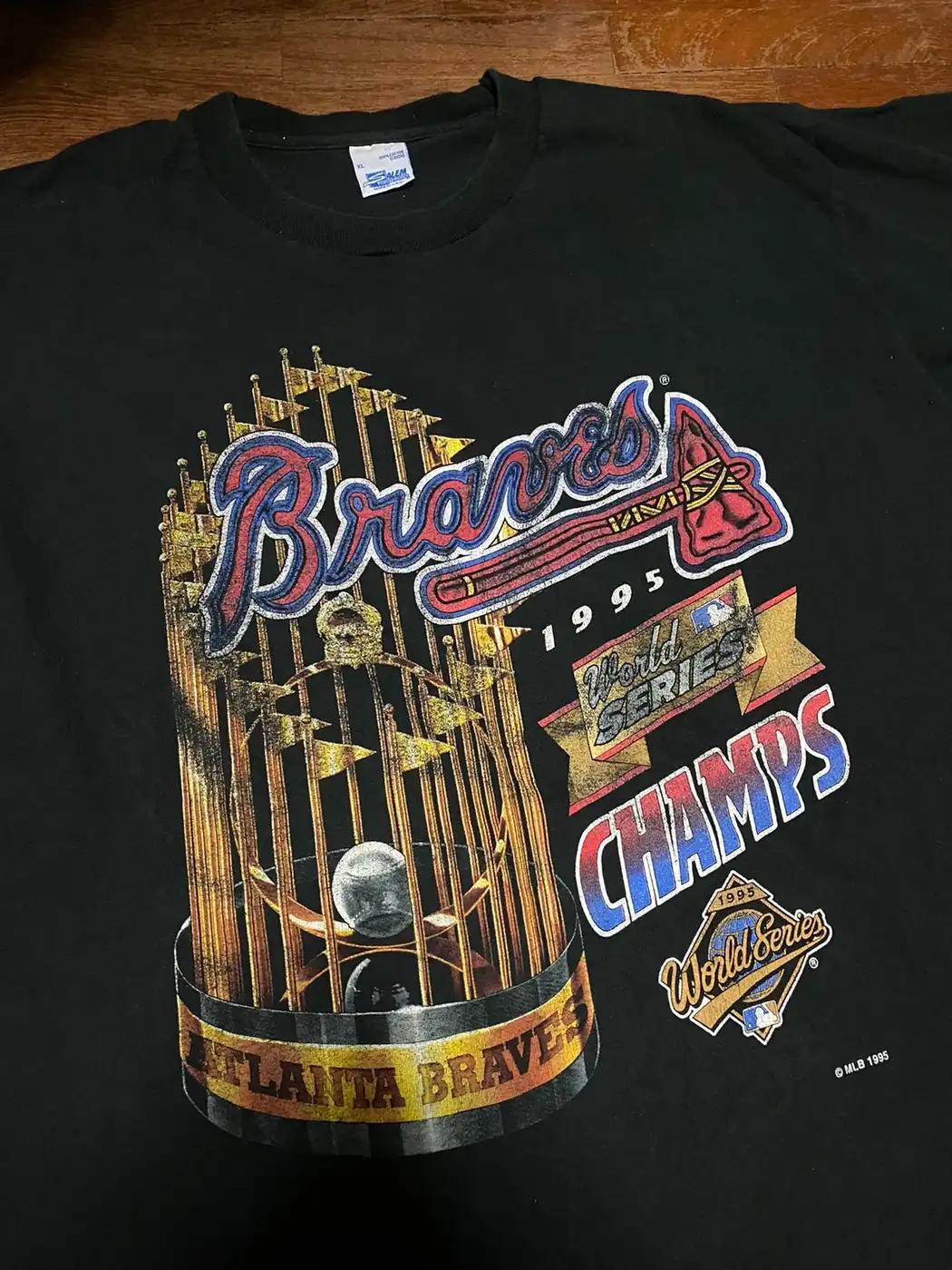 Vintage ‘95 Atlanta Braves Mlb World Series Champs T-Shirt Sweatshirt Pullover Hoodie Reprinted Gift For Atlanta Braves