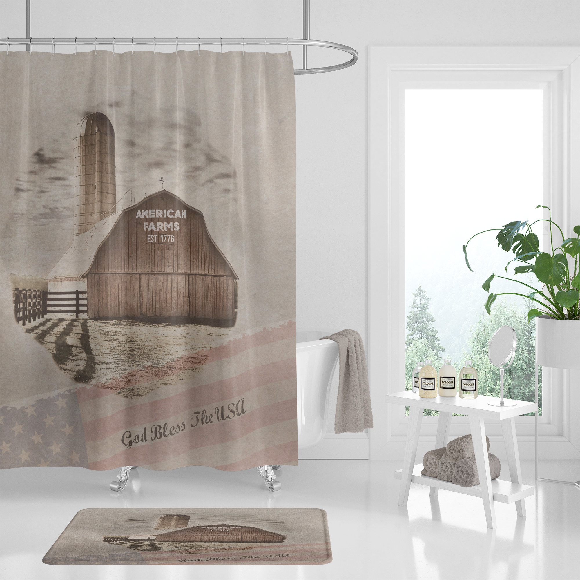 Vintage American Farm Shower Curtain, Farmhouse Chic Design with Quotes, Ideal for Patriot
