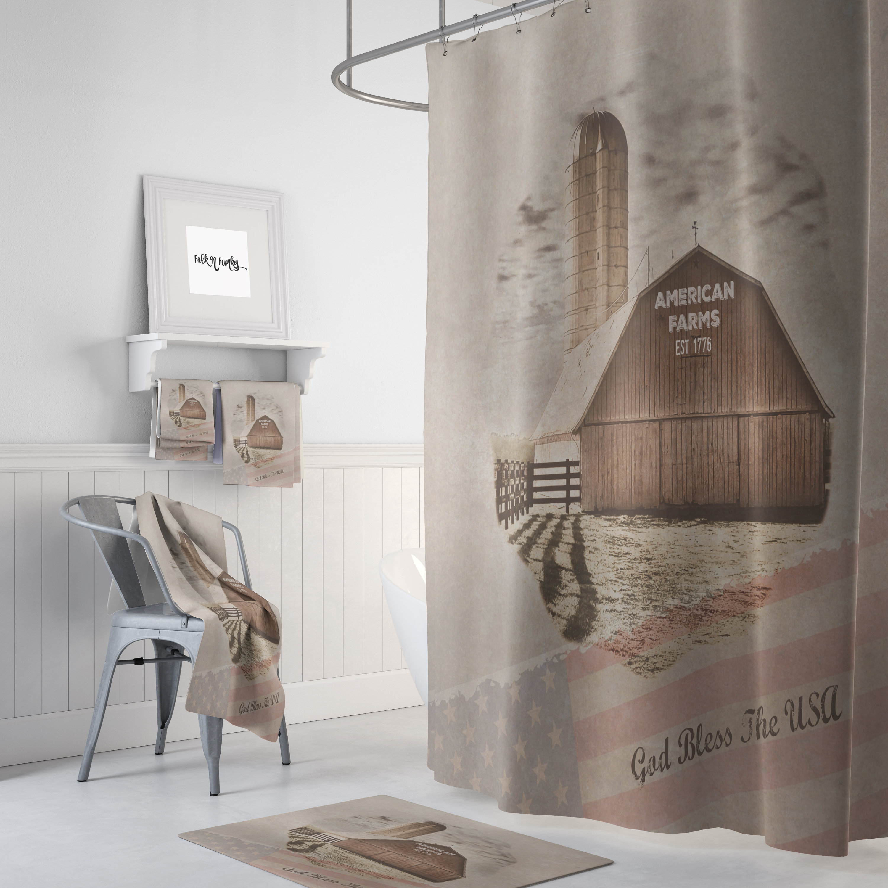 Vintage American Farm Shower Curtain, Farmhouse Chic Design with Quotes, Ideal for Patriot - Image 2