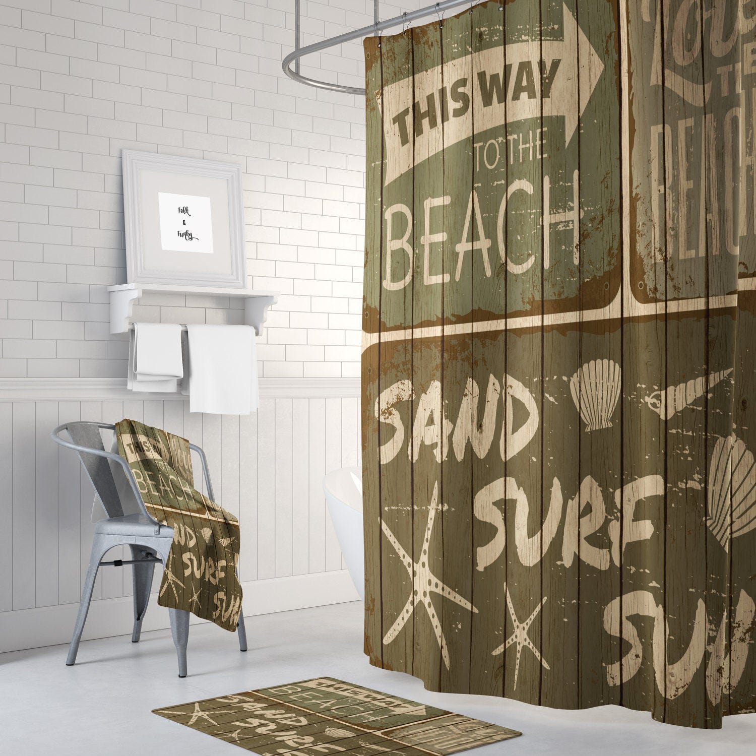 Vintage Beach Sign Shower Curtain Set with Coastal Bath Decor