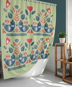 Vintage Bird in the Forest Shower Curtain, Scandinavian Danish Nordic Birds Animal Flowers, Fabric Bathroom Curtain Mat