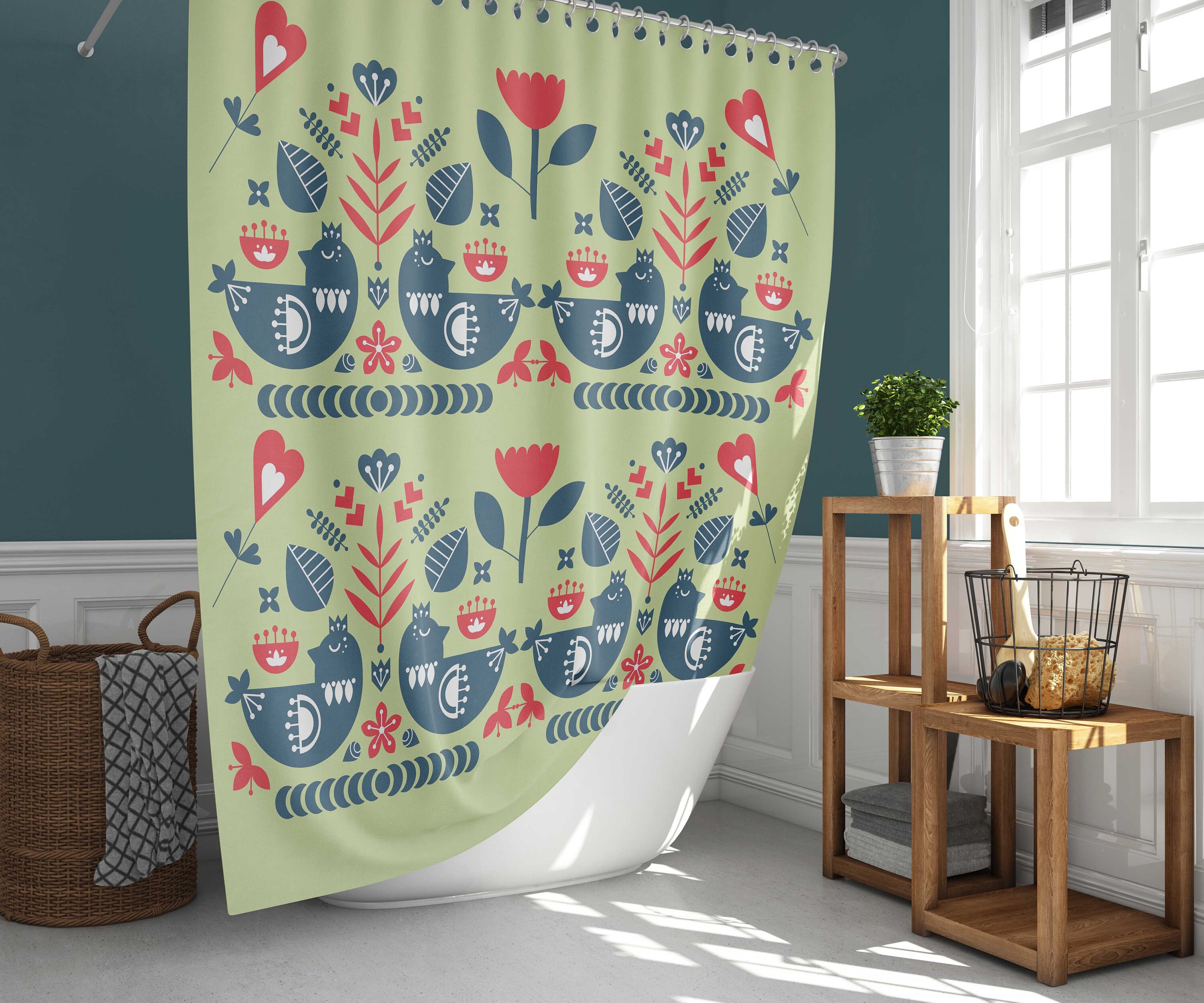 Vintage Bird in the Forest Shower Curtain, Scandinavian Danish Nordic Birds Animal Flowers, Fabric Bathroom Curtain Mat