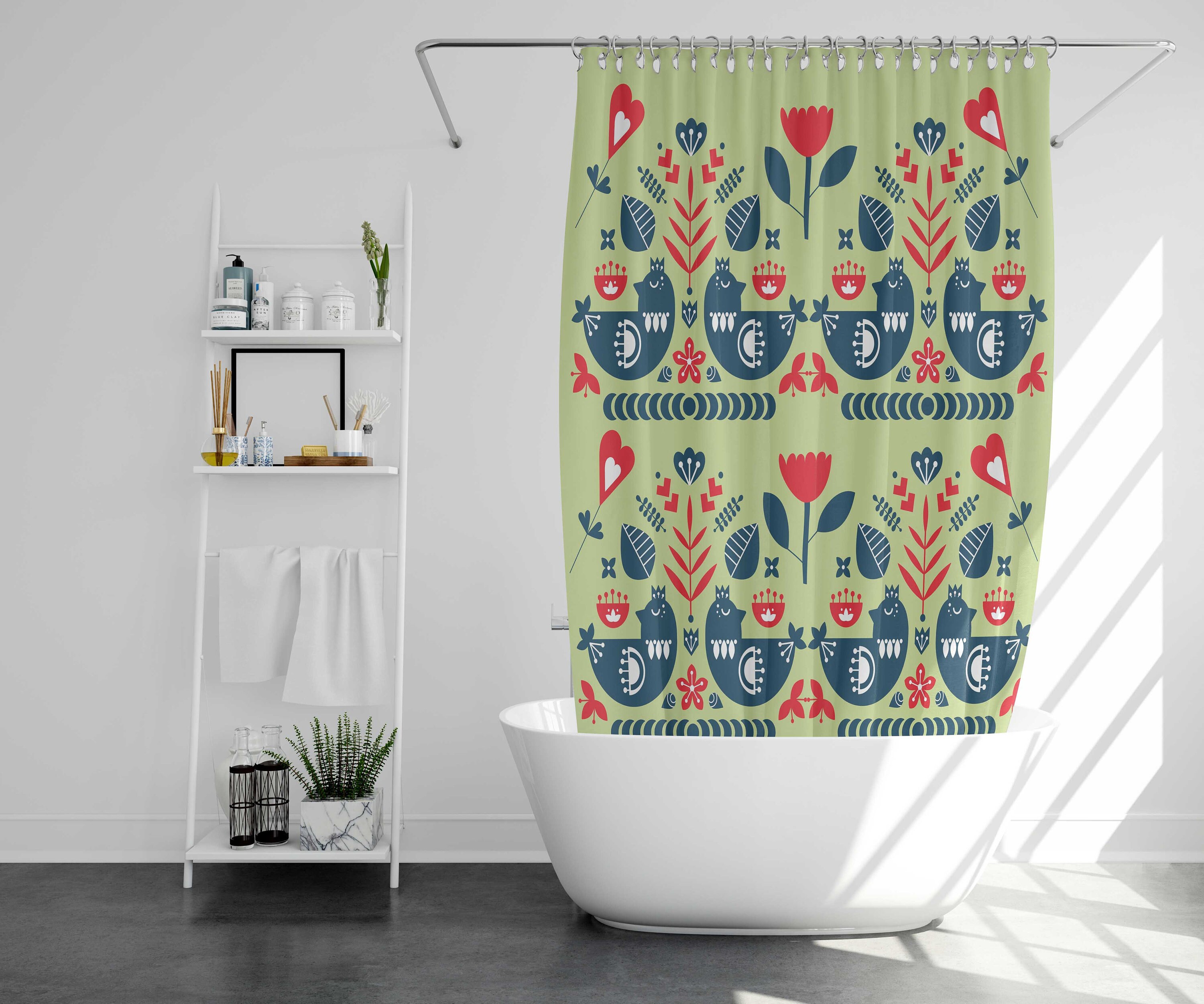 Vintage Bird in the Forest Shower Curtain, Scandinavian Danish Nordic Birds Animal Flowers, Fabric Bathroom Curtain Mat - Image 2
