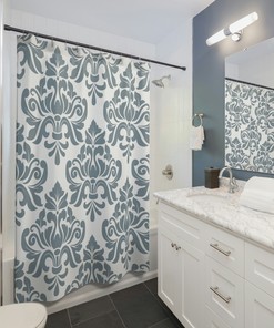 Vintage Blue Damask Print Shower Curtain with Abstract Baroque Design and Personalized Touch