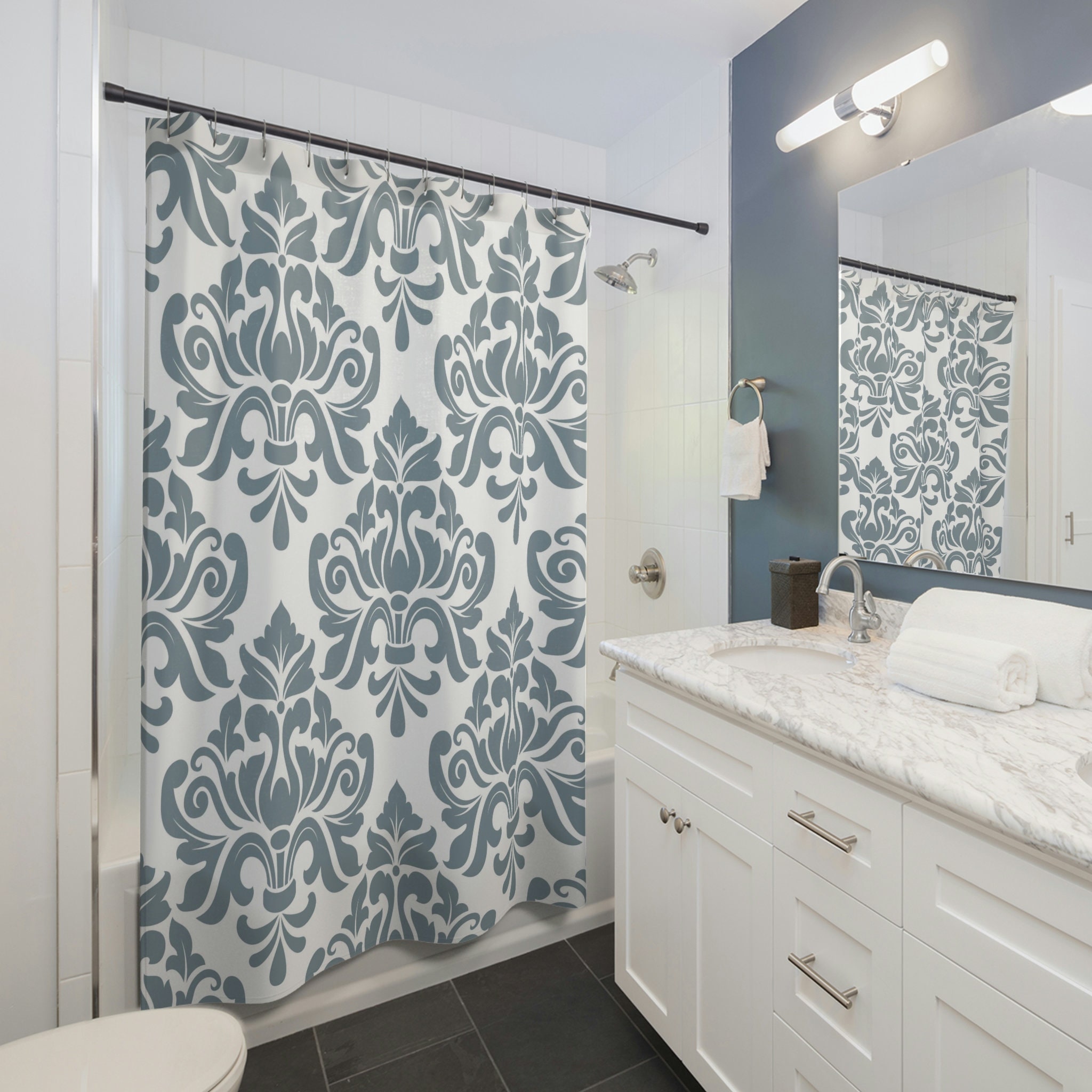 Vintage Blue Damask Print Shower Curtain with Abstract Baroque Design and Personalized Touch