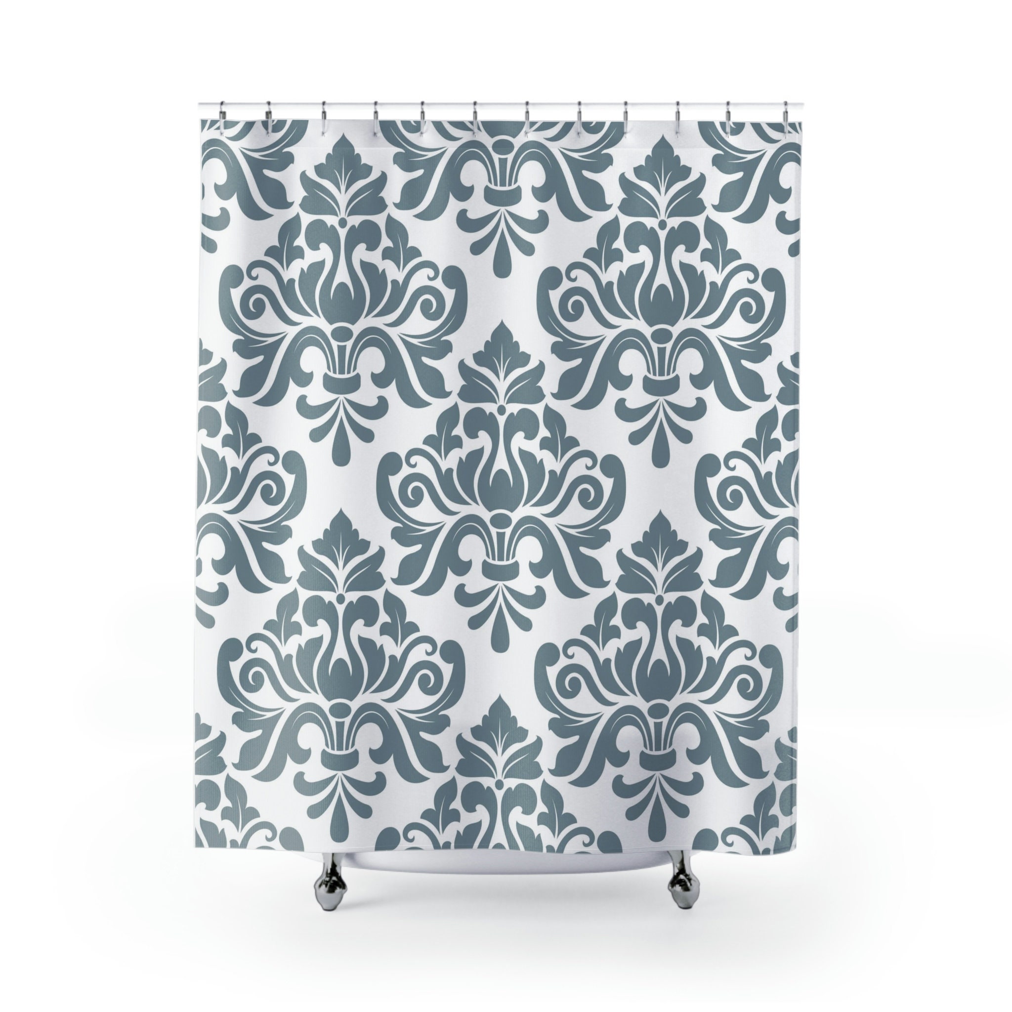 Vintage Blue Damask Print Shower Curtain with Abstract Baroque Design and Personalized Touch - Image 2
