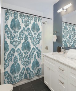 Vintage Blue Damask Print Shower Curtain with Abstract Touch and Personalized Design, Perfect for Dazzling Bathroom