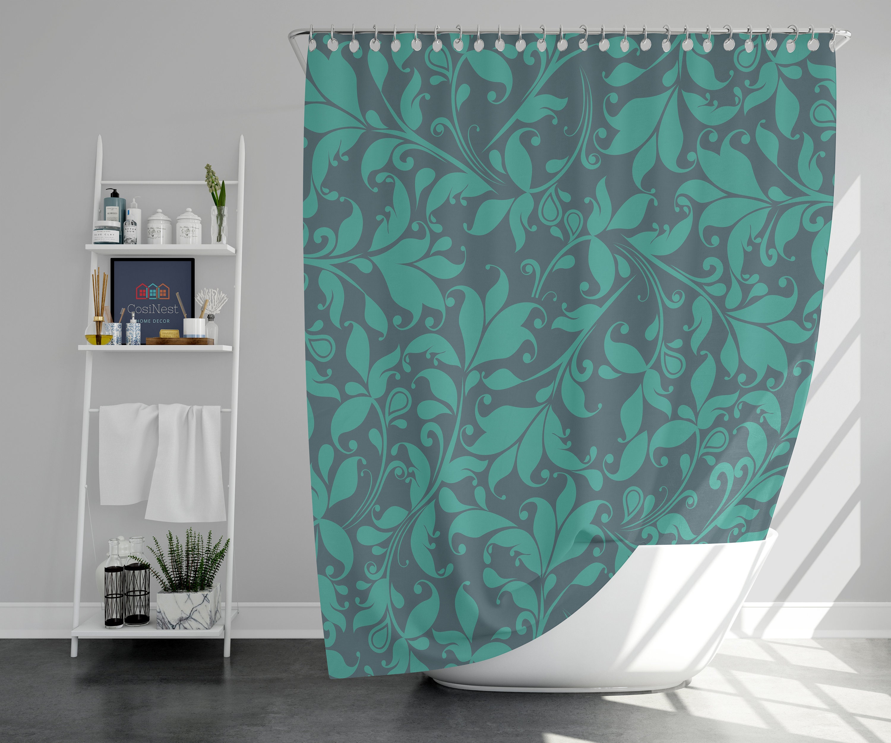 Vintage Blue Floral Shower Curtain | Contemporary Botanical Teal Flowers | Waterproof Fabric Shower Curtains