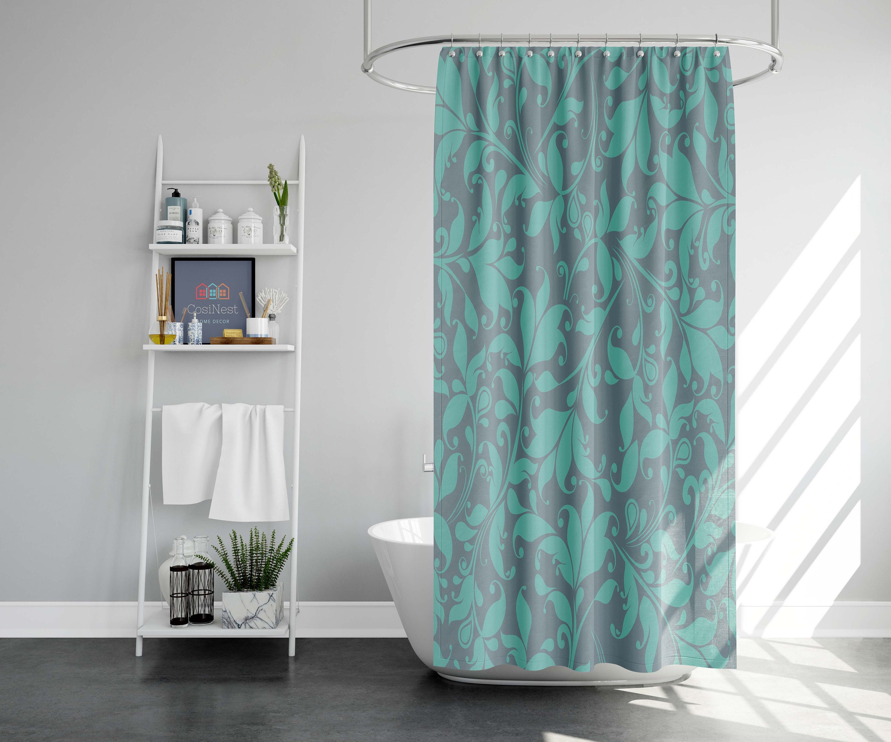 Vintage Blue Floral Shower Curtain | Contemporary Botanical Teal Flowers | Waterproof Fabric Shower Curtains - Image 2