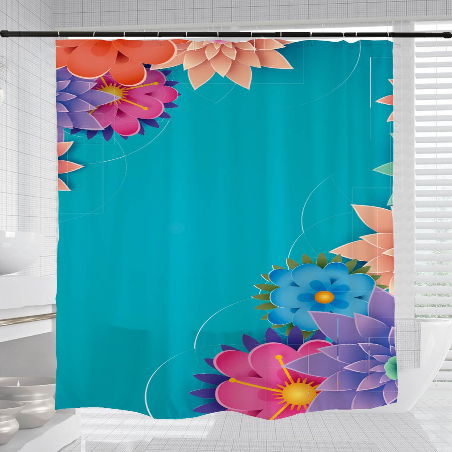 Vintage Blue Flower Shower Curtain, Washable Bathroom Decor with Hooks, Customizable Shower Curtain - Image 3