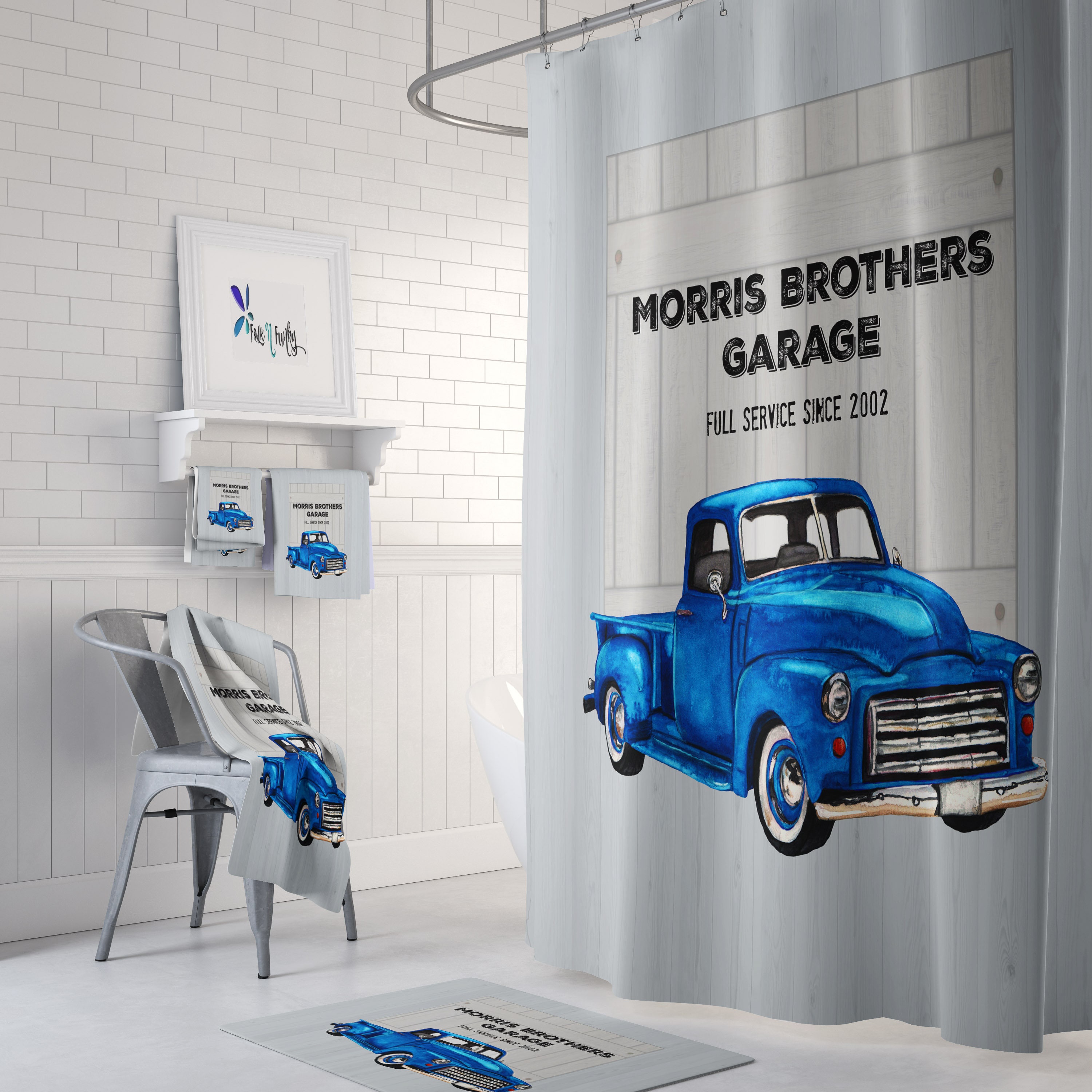 Vintage Blue Truck Personalized Shower Curtain, Garage Mechanic Bathroom Theme with Unique Shower Curtain