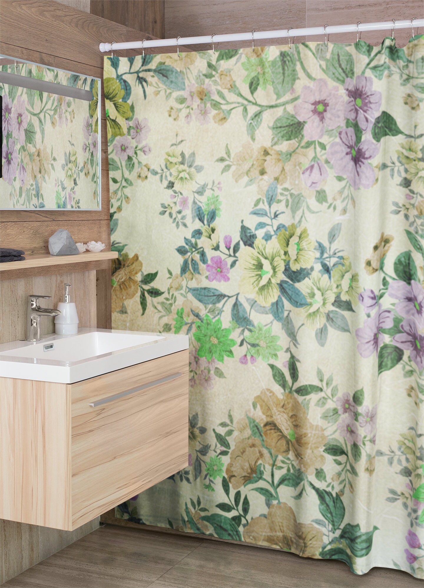 Vintage Botanical Shower Curtain, Floral Tub Backdrop, Retro Bathroom Accessory
