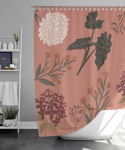 Vintage Botanical Wildflower Peony Fabric Bathroom Curtain Mat, Spring Floral Retro Shower Curtain