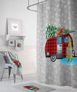 Vintage Camper Christmas Shower Curtain with Retro Holiday Bathroom Decor