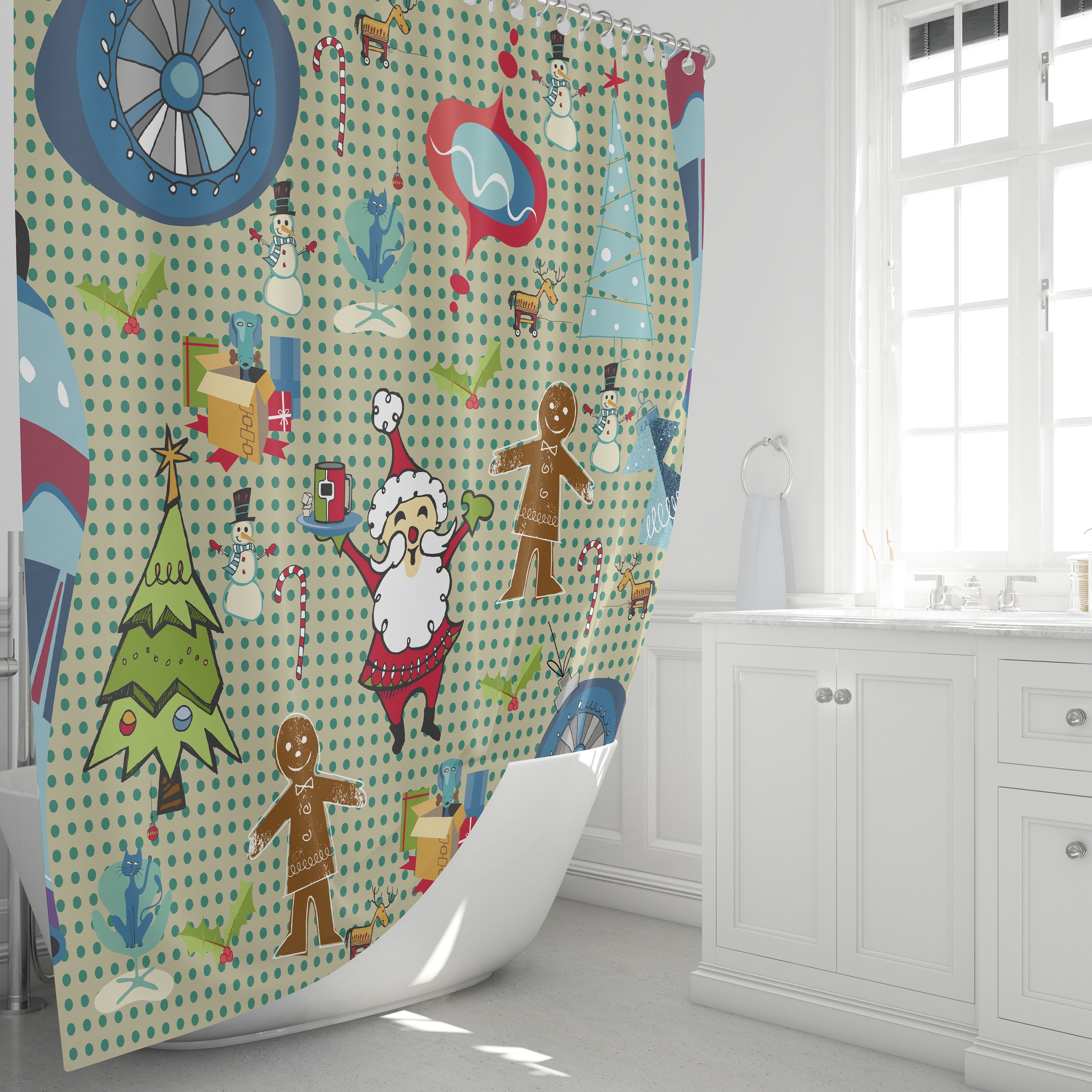 Vintage Christmas Shower Curtain | Retro Mid Century Modern Holiday Bath Decor - Image 2