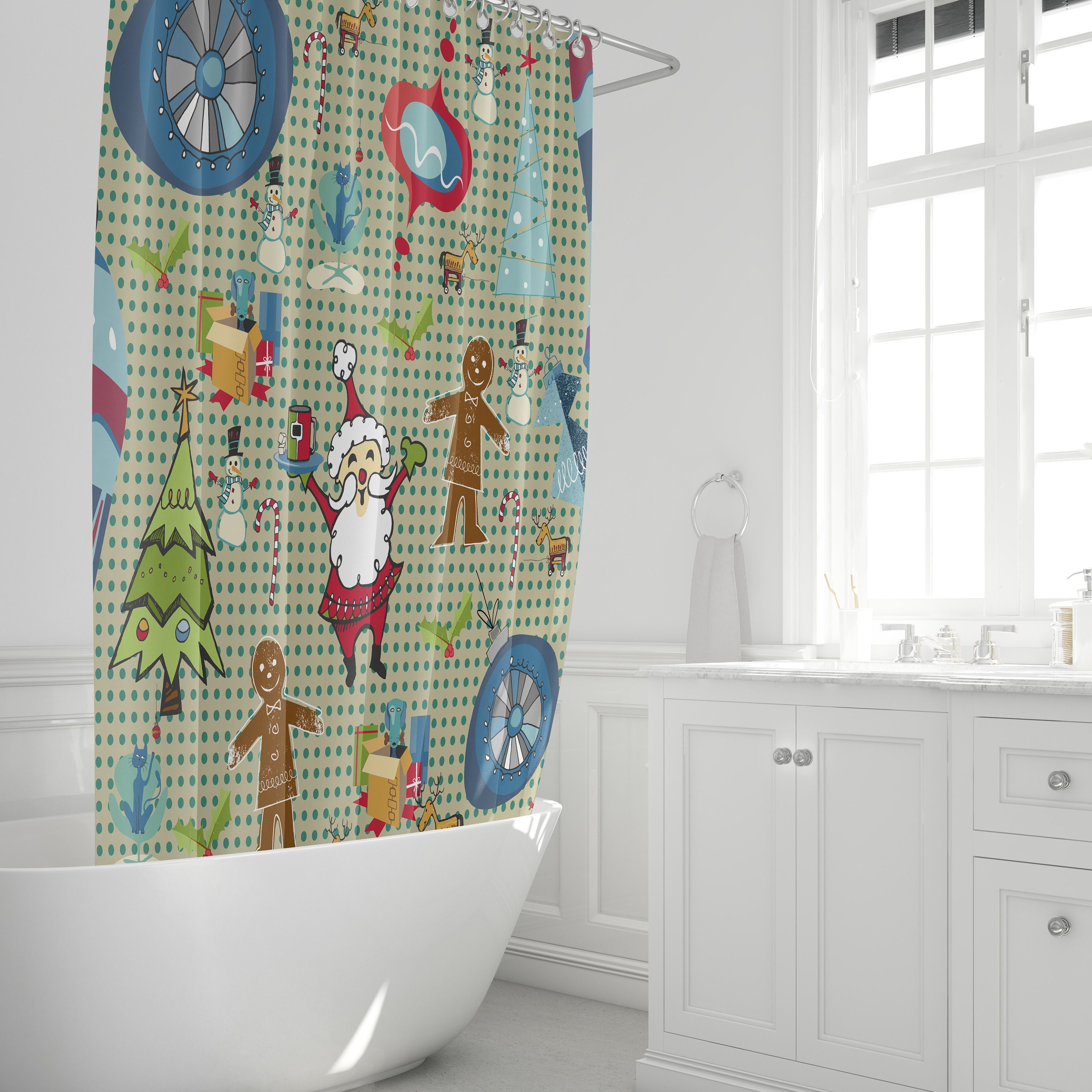 Vintage Christmas Shower Curtain | Retro Mid Century Modern Holiday Bath Decor - Image 3