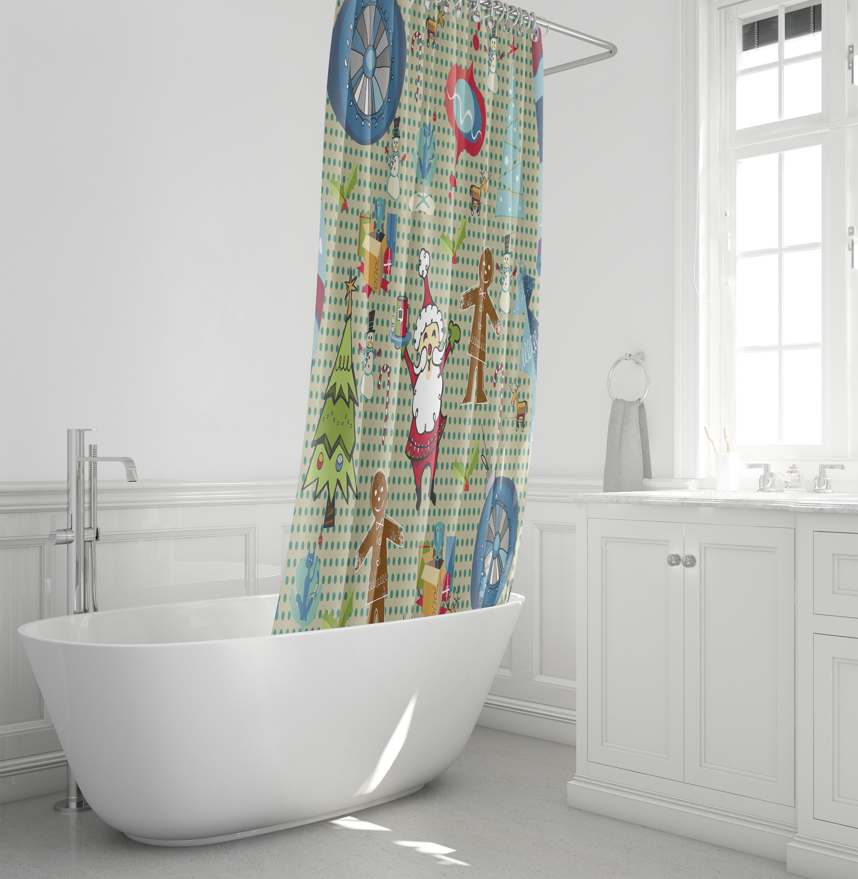 Vintage Christmas Shower Curtain | Retro Mid Century Modern Holiday Bath Decor - Image 4