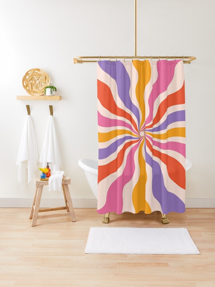 Vintage Disney Boho Sun Shower Curtain, Mid-Century and Abstract Pattern, Eco-Friendly and Waterproof Design with Hooks