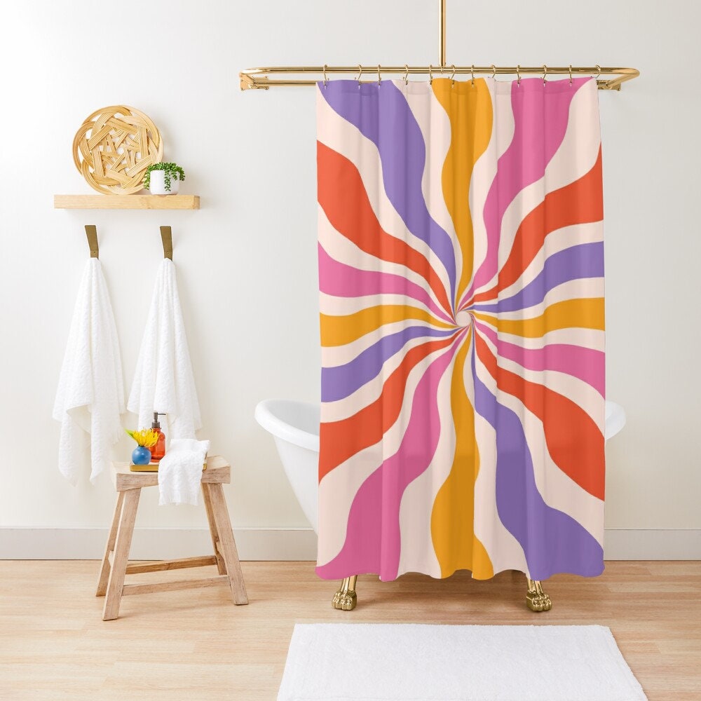 Vintage Disney Boho Sun Shower Curtain, Mid-Century and Abstract Pattern, Eco-Friendly and Waterproof Design with Hooks - Image 4