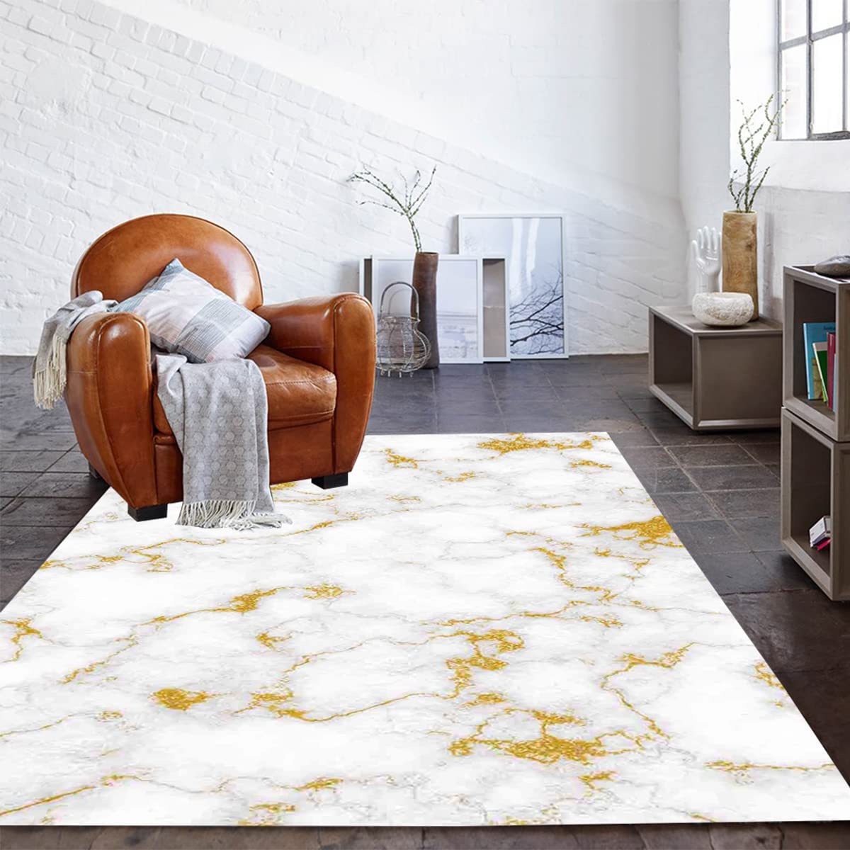 Vintage Distressed White and Gold Marble Abstract Area Rug with 70s Retro Charm for Living Room or Bedroom - Image 2