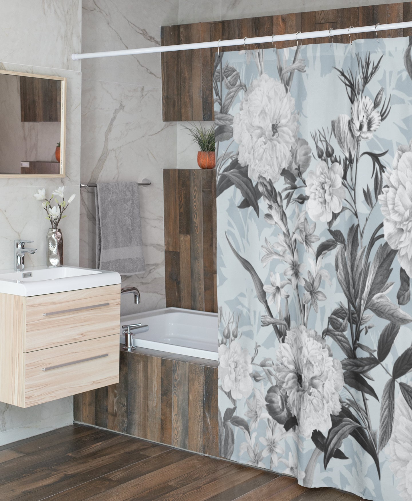 Vintage Floral Shower Curtain, Retro Bathroom Accessory, Botanical Tub Curtain